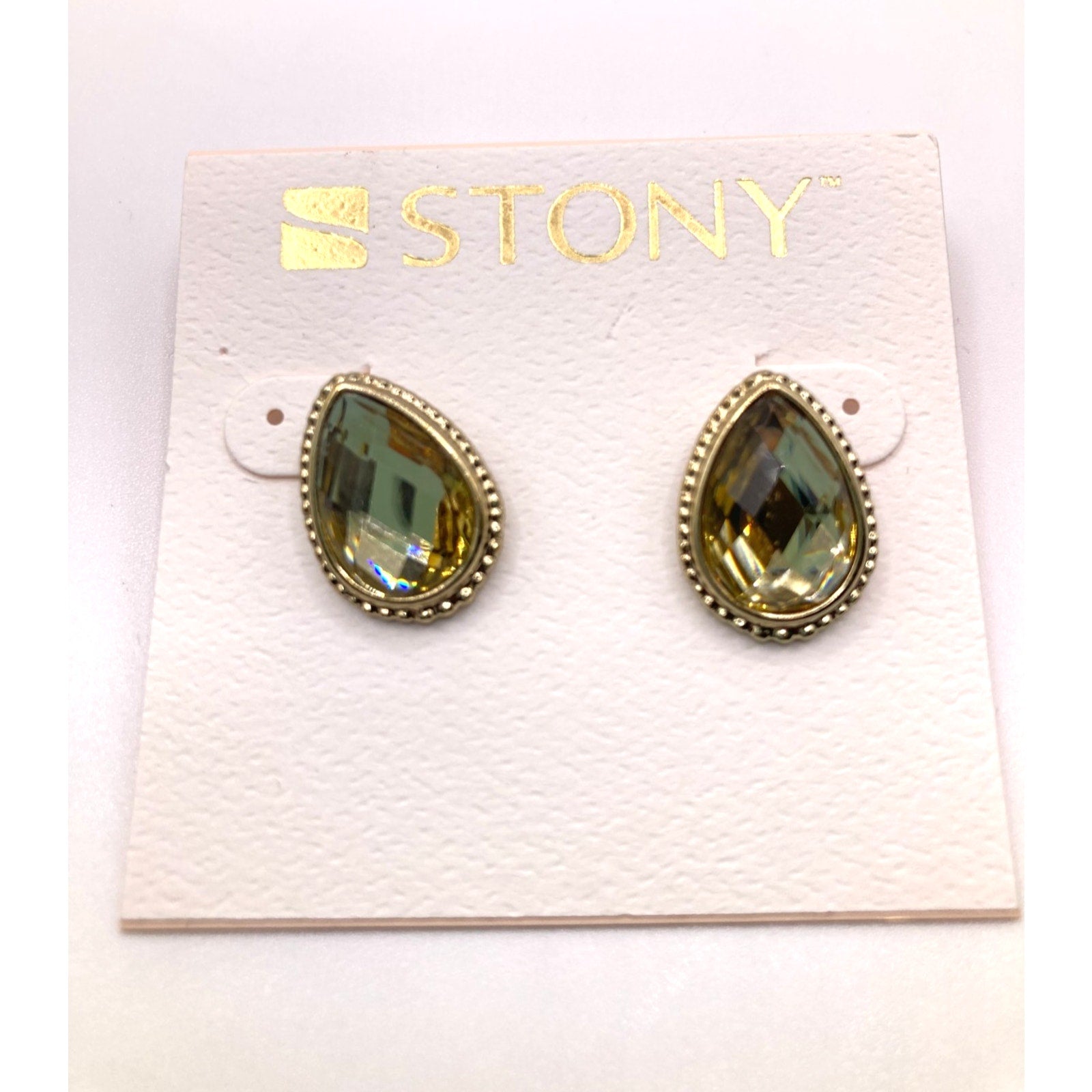 STONY Gold Tone Green Translucent Faceted Faux Stone Teardrop Stud Earrings