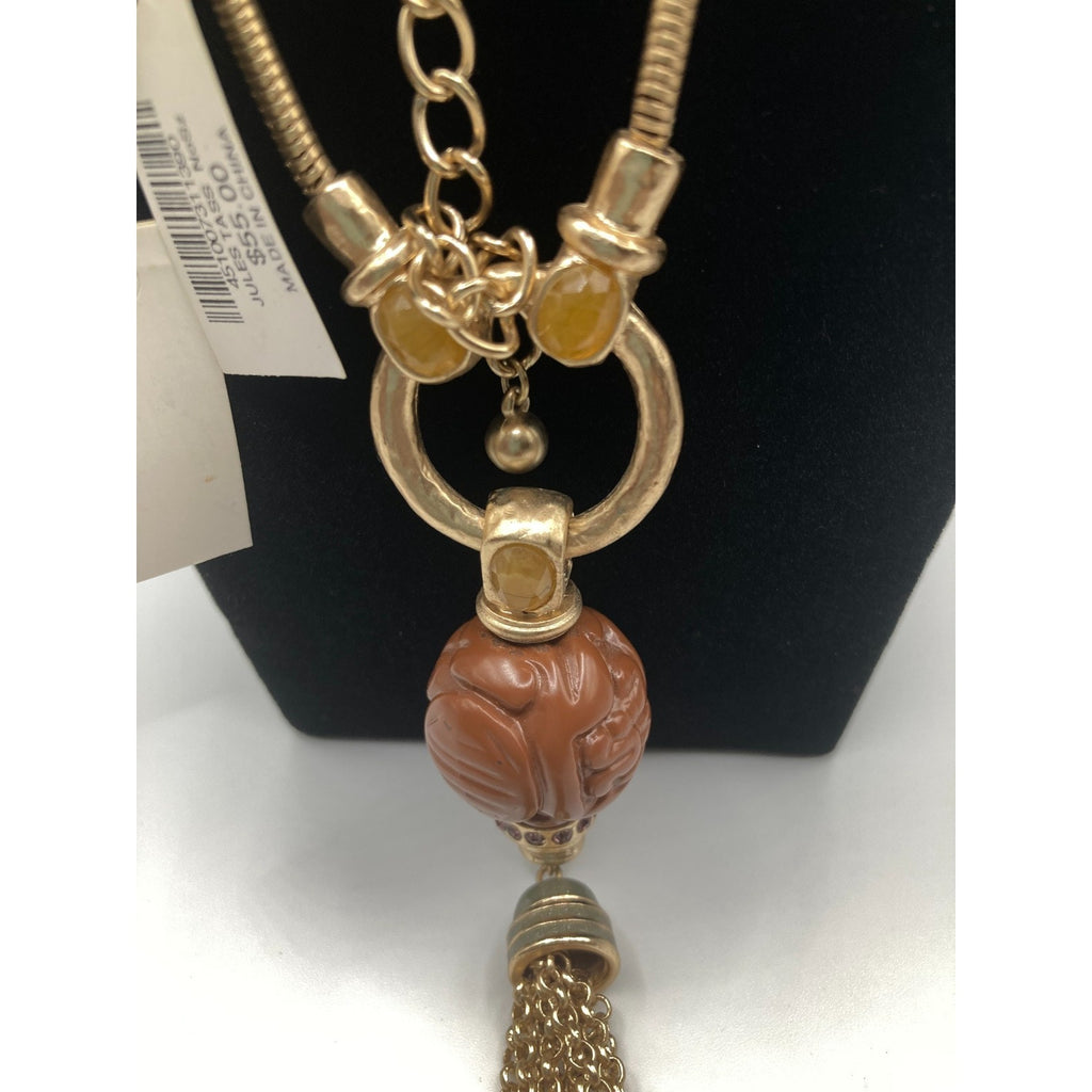 CHICO'S Stunning Gold Tone Antique-Inspired Oriental Tassel Statement Necklace