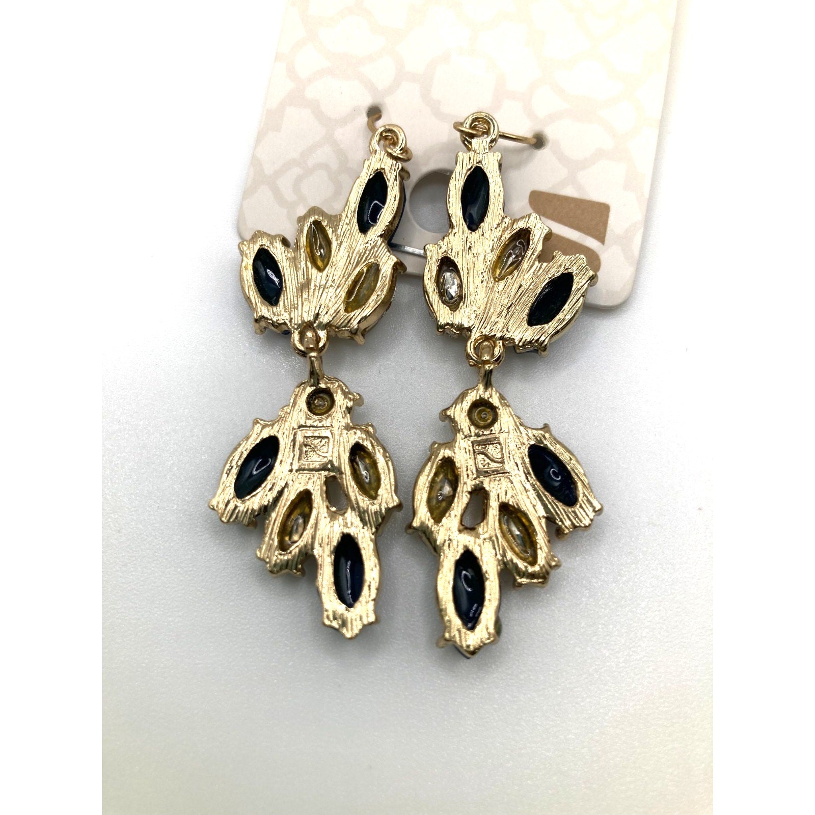 STONY Glamorous Navy Tan Champagne & Clear Crystal Dangle Drop Earrings 2"