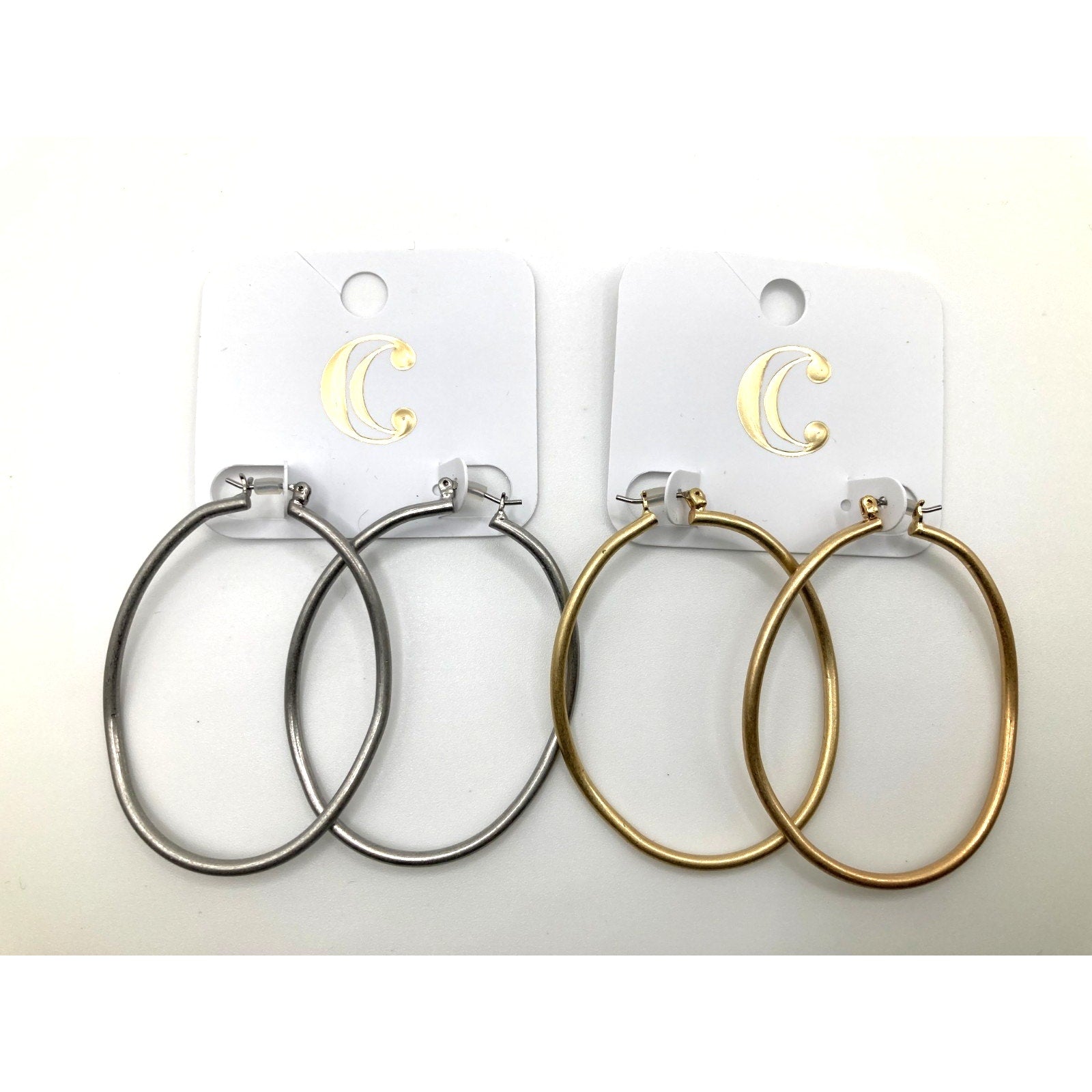 CHARMING CHARLIE Gold Tone & Silver Tone Abstract Oval Hoop Earrings 2 PAIR SET