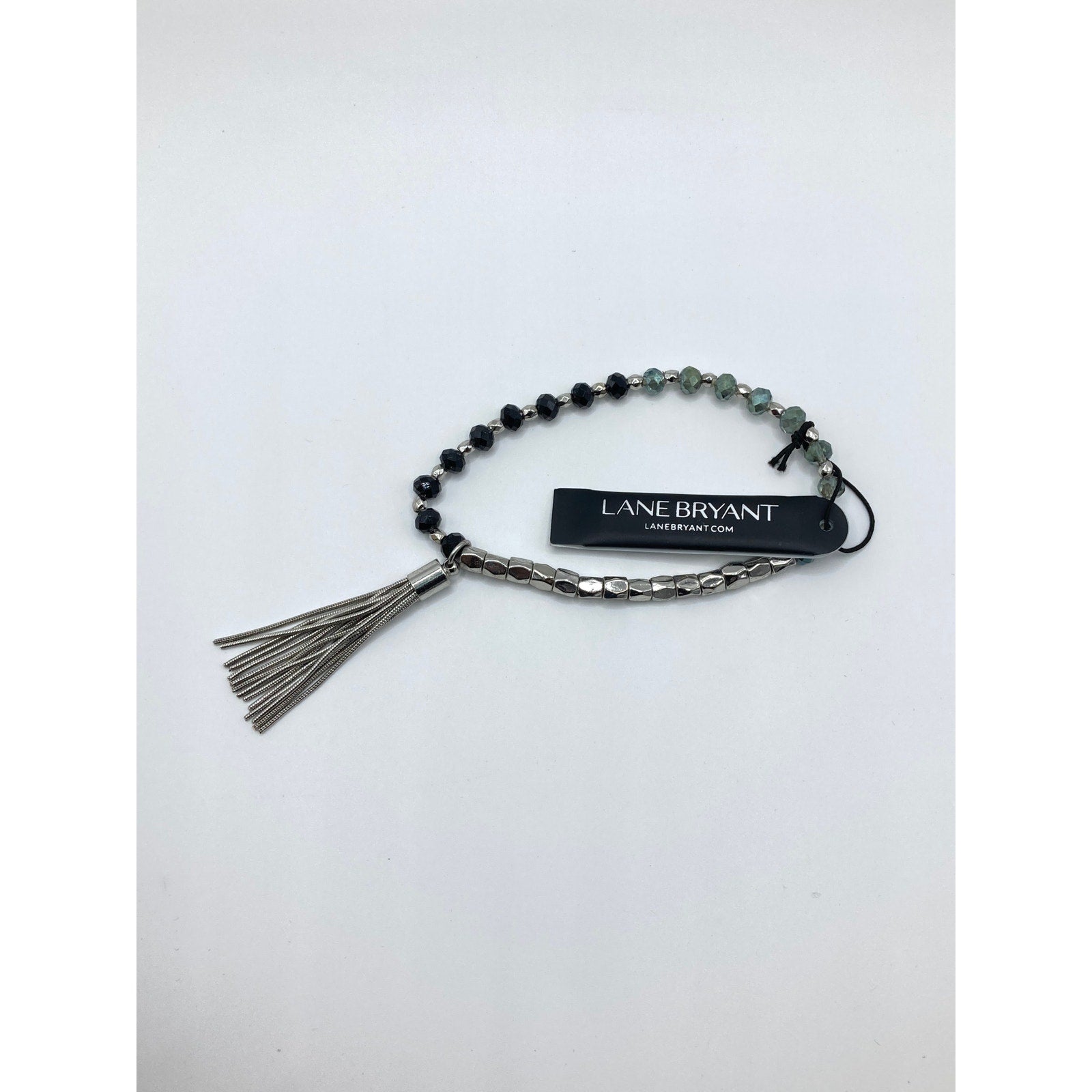 LANE BRYANT Metal & Black Gray Beaded Bracelet w/ Metal Tassel | $39 Retail