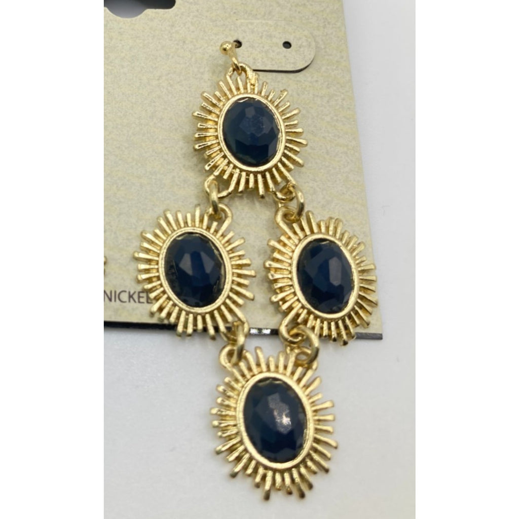STONY Gold Tone and Navy Blue Faux Stone Spike Fringe Oval Drop Earrings 2"
