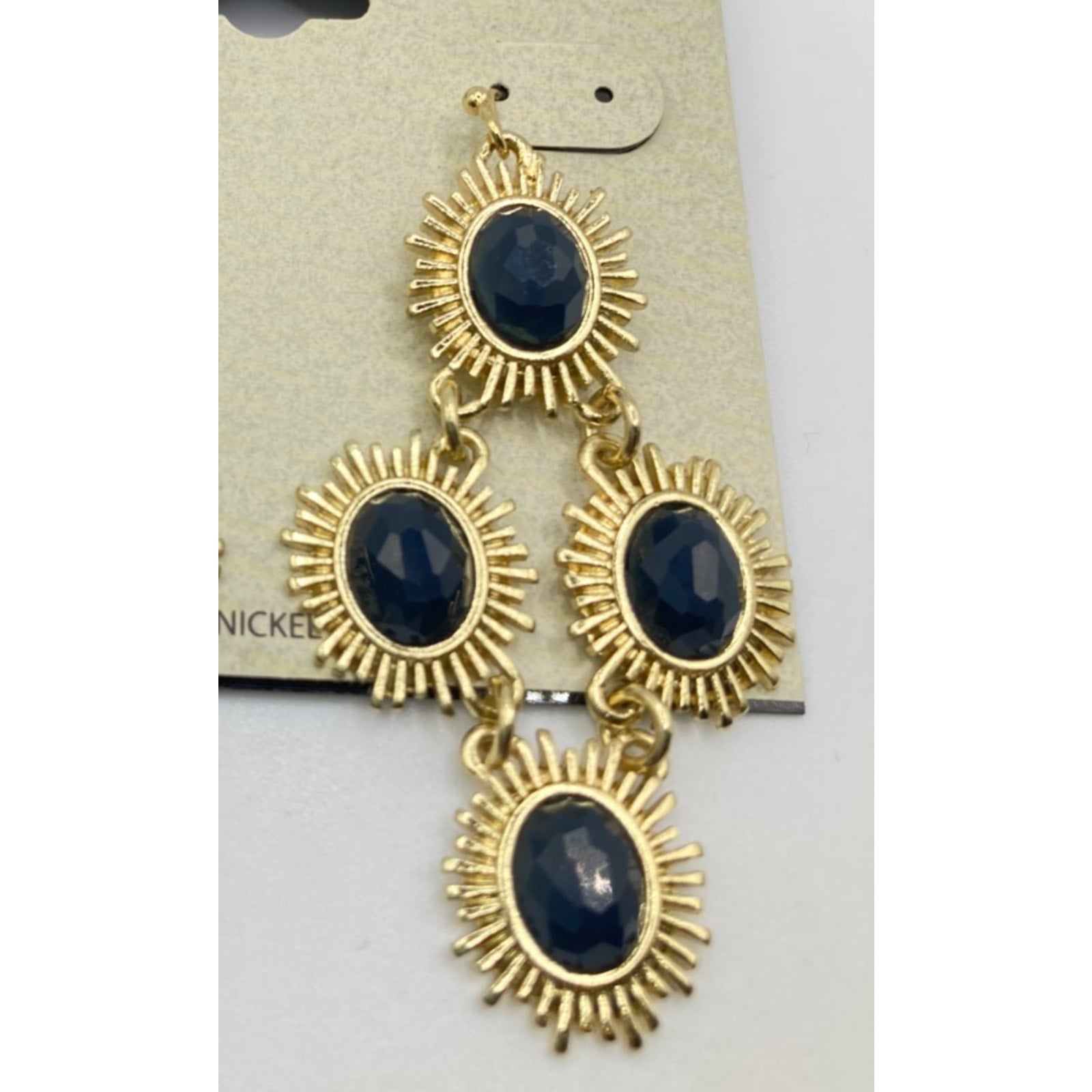 STONY Gold Tone and Navy Blue Faux Stone Spike Fringe Oval Drop Earrings 2"