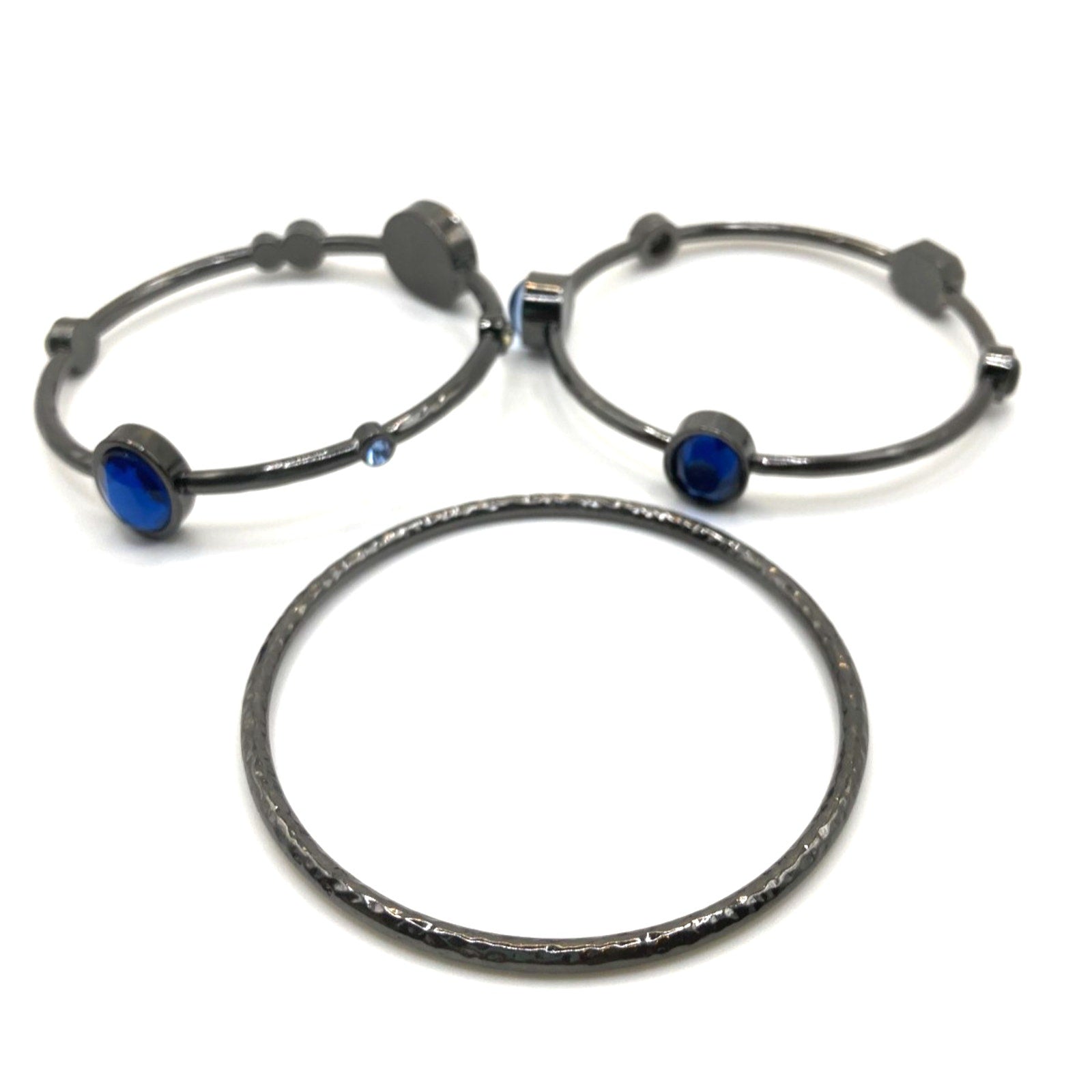 Chicos Blue Jeweled Gunmetal Black Tone Bangles Bracelet Set of 3