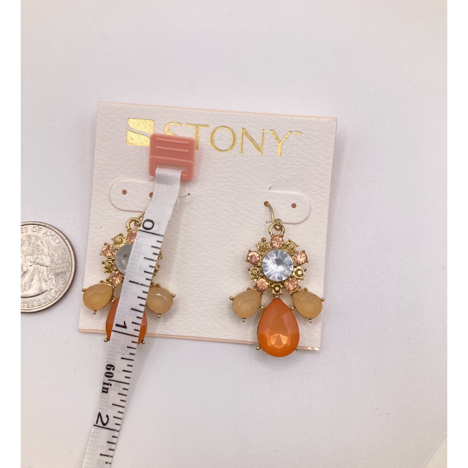 STONY Gold Tone Orange Tan & Cloudy Clear Acrylic Stone Drop Dangle Earrings 1"