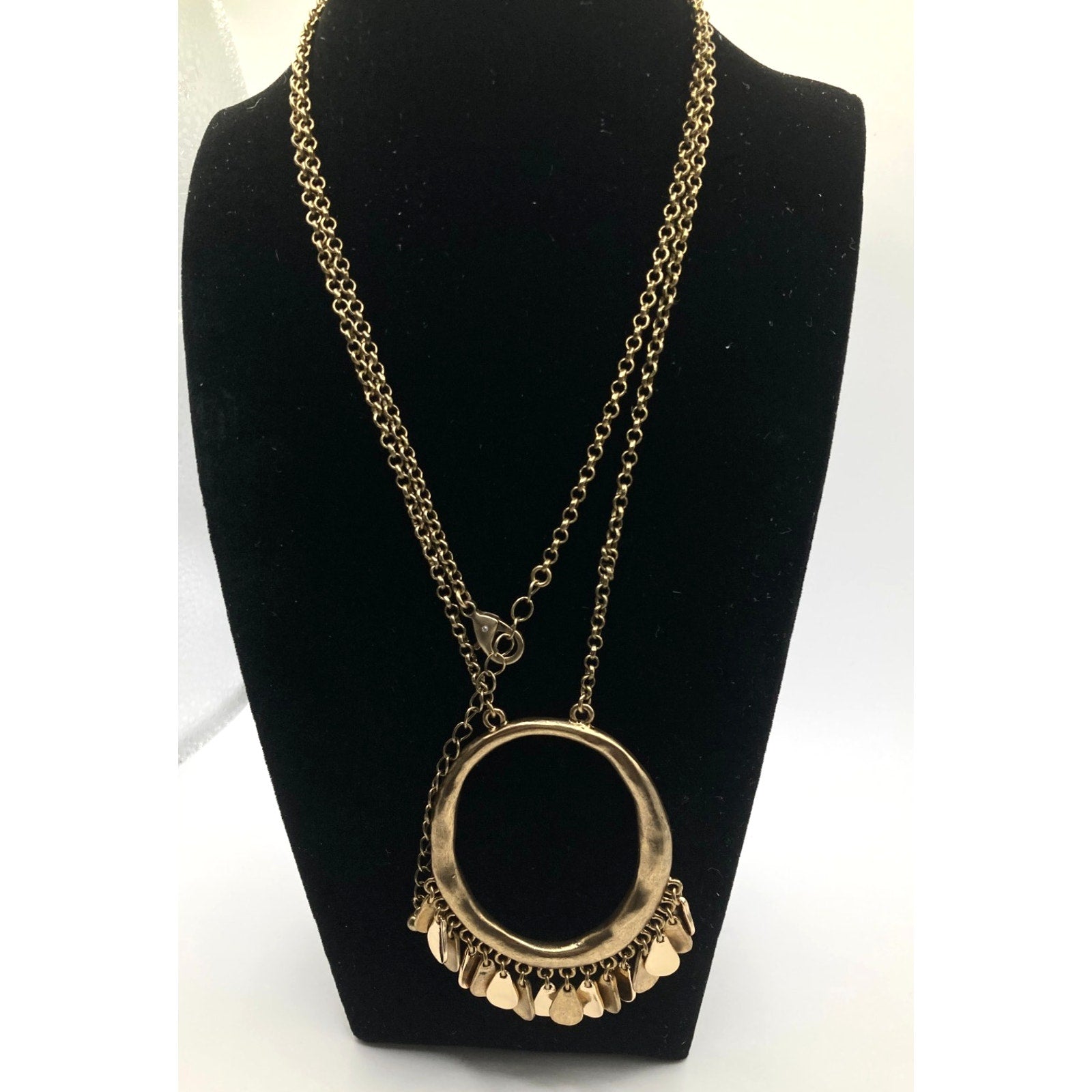 Rustic Long Gold Tone Hammered Abstract Oval Dangle Necklace 30"