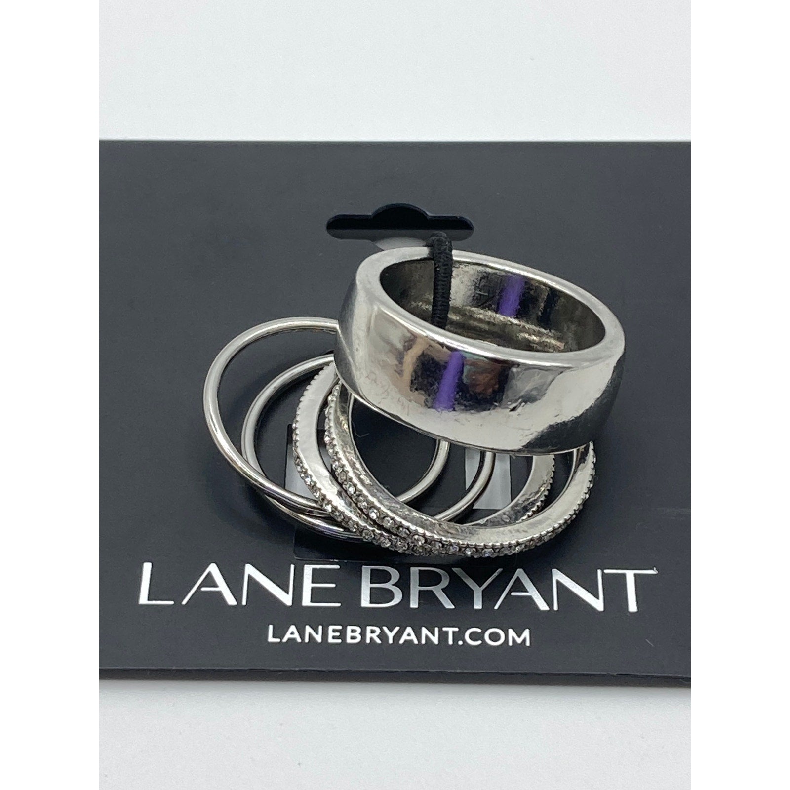 Lane Bryant Classic Polished Silver Tone and Rhinestone 5 Ring Set (Size 8)