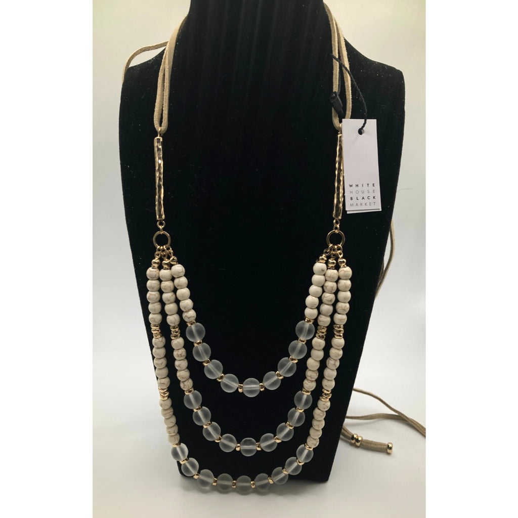 WHITE HOUSE/BLACK MARKET Beige Genuine Stone, Bead, Suede & Gold Tone Necklace