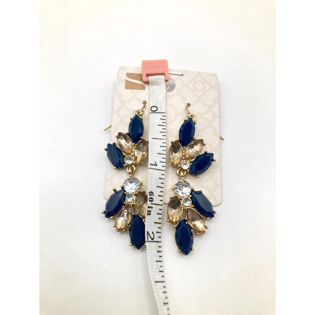 STONY Glamorous Navy Tan Champagne & Clear Crystal Dangle Drop Earrings 2"