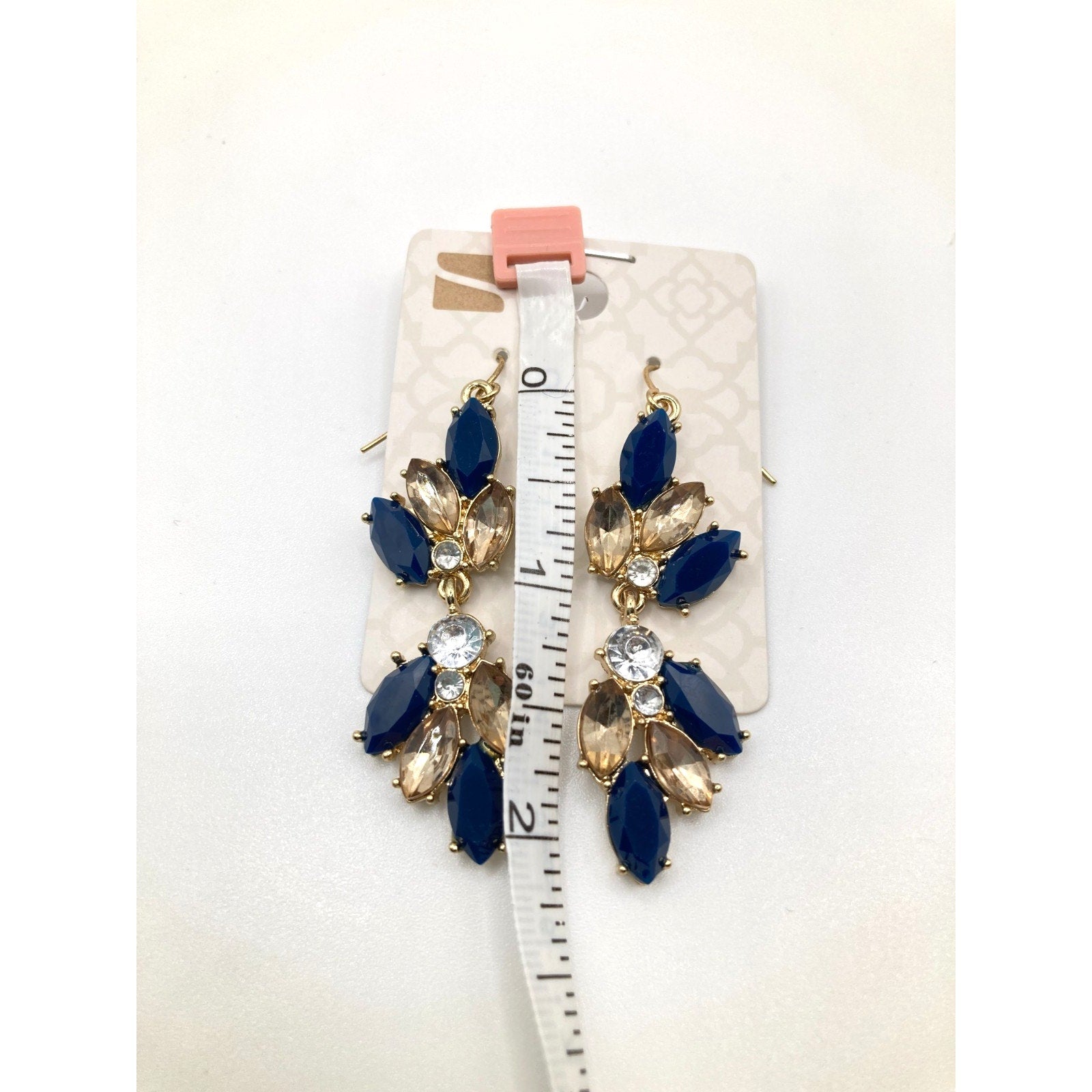 STONY Glamorous Navy Tan Champagne & Clear Crystal Dangle Drop Earrings 2"