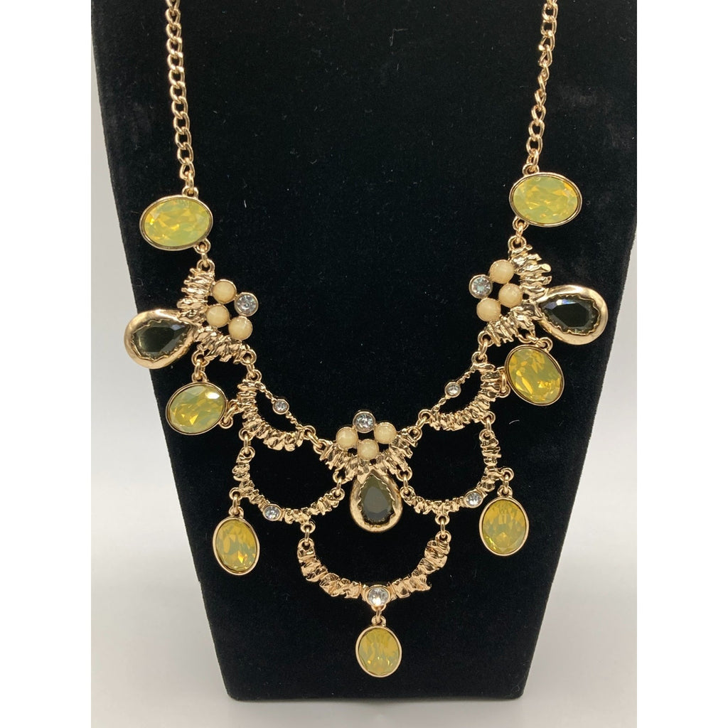 STONY Gold Tone Brutalist Statement Necklace w/ Green Teardrop Glass Stones 15"