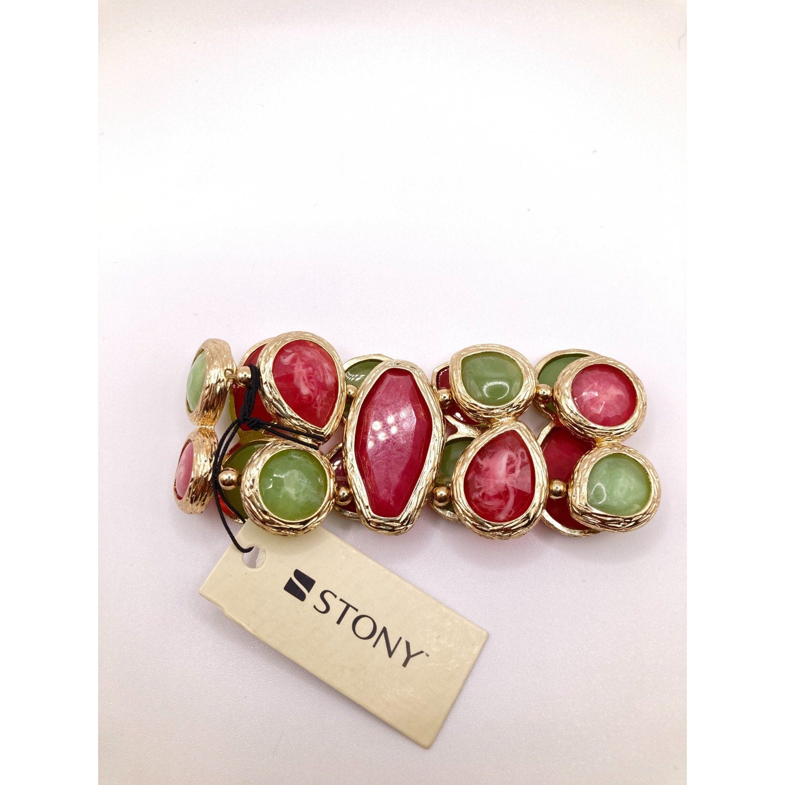 STONY Brushed Gold Tone Burgundy Red & Green 2-Row Stretch Bracelet Sz 7.5