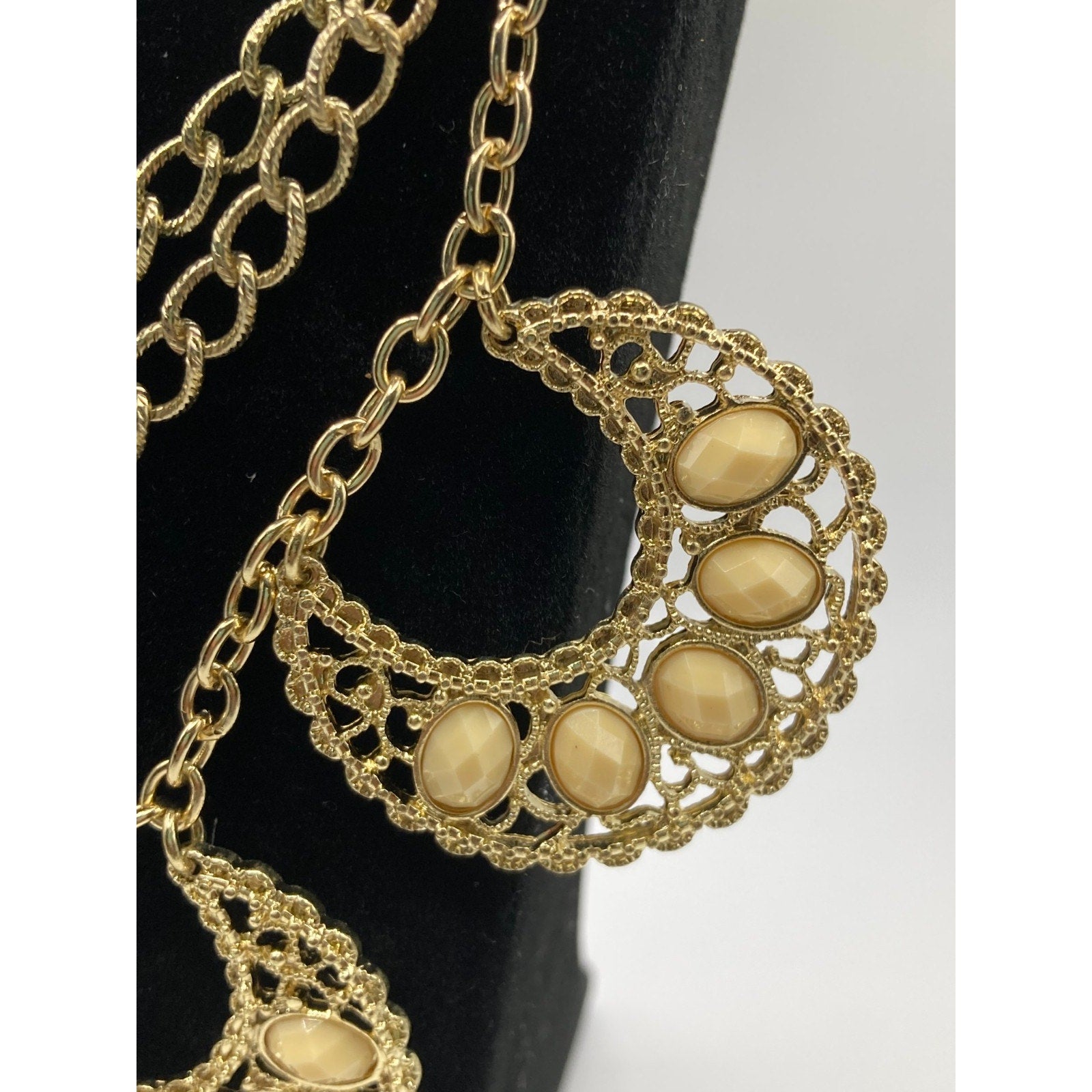 STONY Gold Tone Filigree Layered Statement Necklace w/ Acrylic Cream Stones 19"