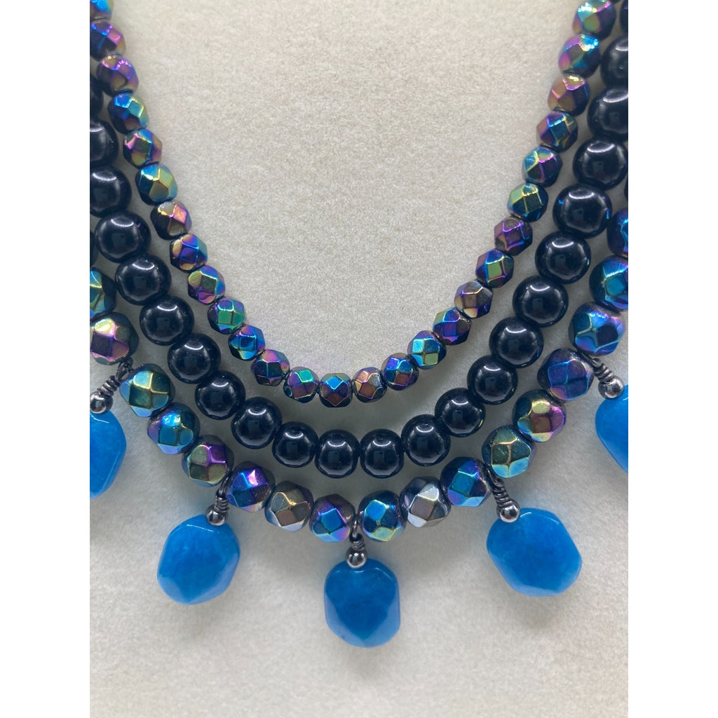 Coldwater Creek Blue Black Iridescent Aurora Borealis Layered Stone Necklace 18"