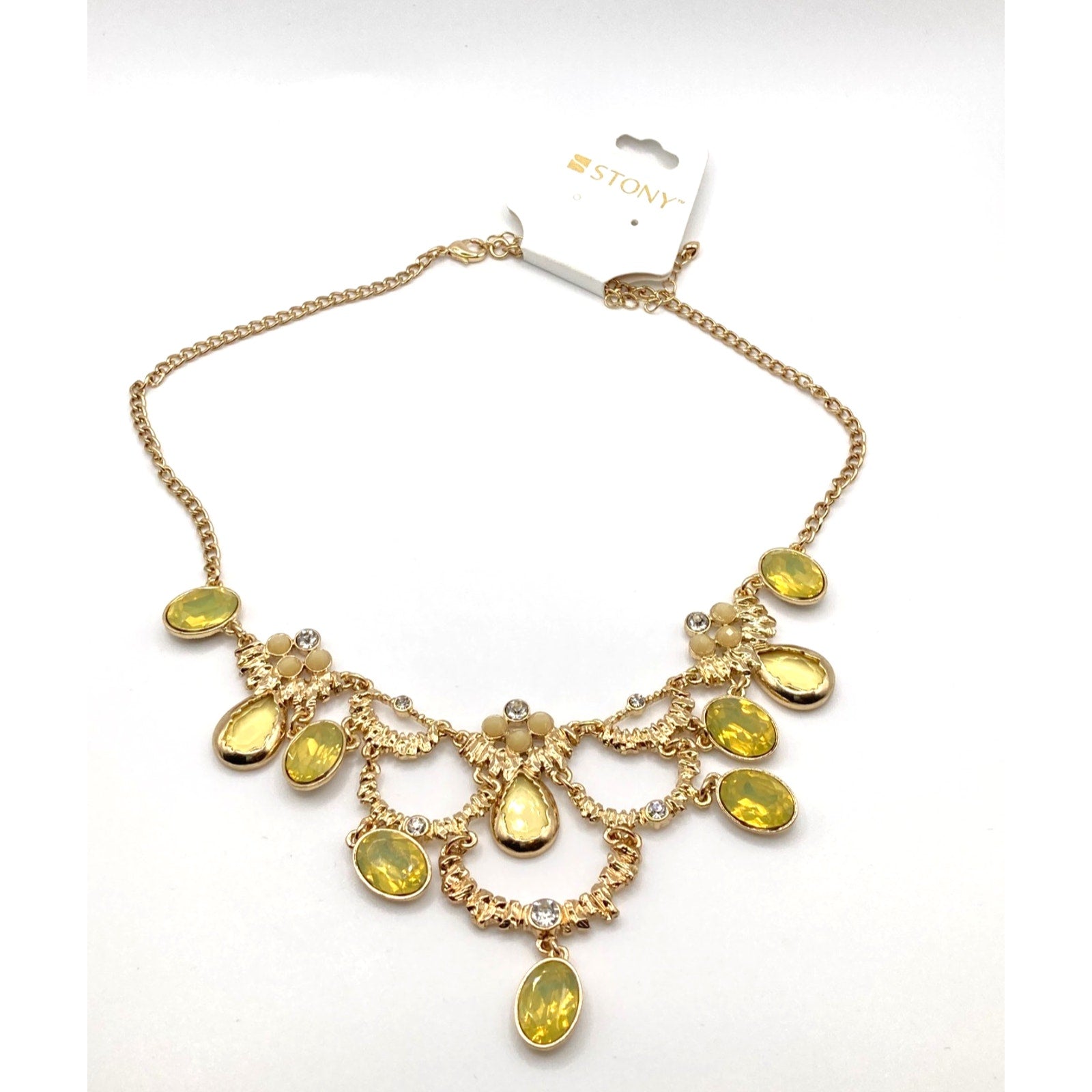 STONY Gold Tone Brutalist Statement Necklace w/ Green Teardrop Glass Stones 15"