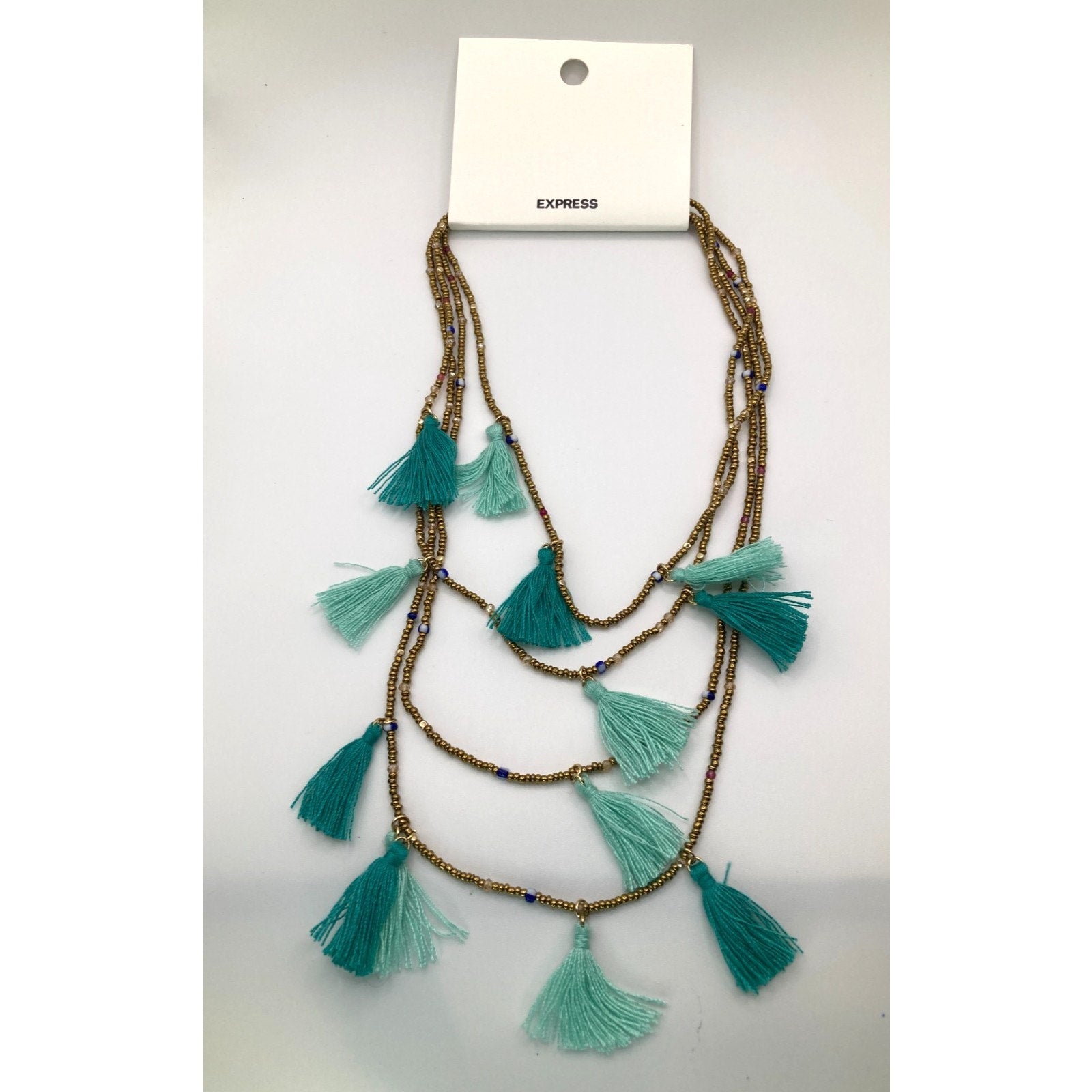 EXPRESS Layered Gold Seed Bead Teal Blue Mint Tassel Necklace Boho 14"+ NEW