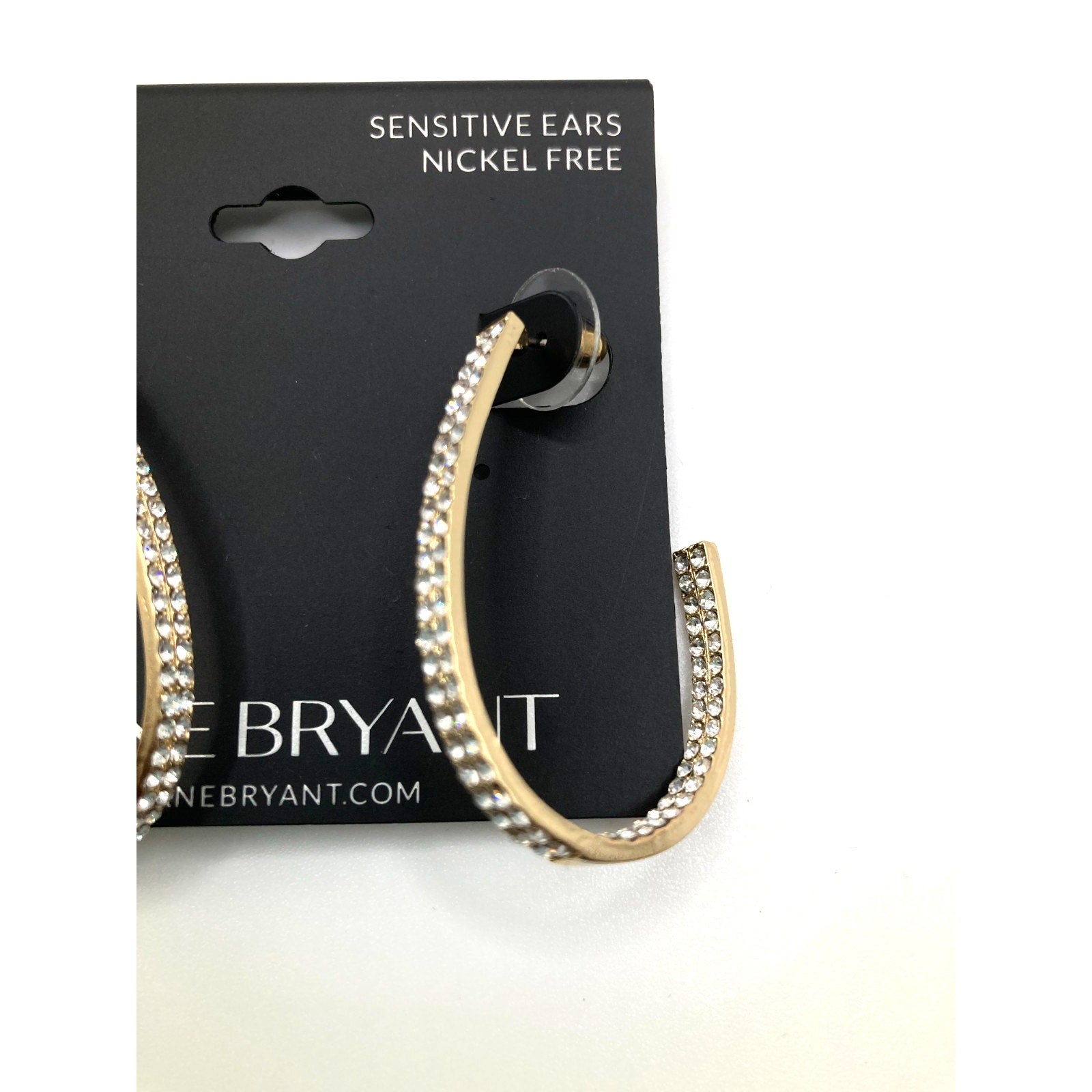 LANE BRYANT Classy Dressy Gold Tone Hook Hoop Rhinestone Earrings 1.25"