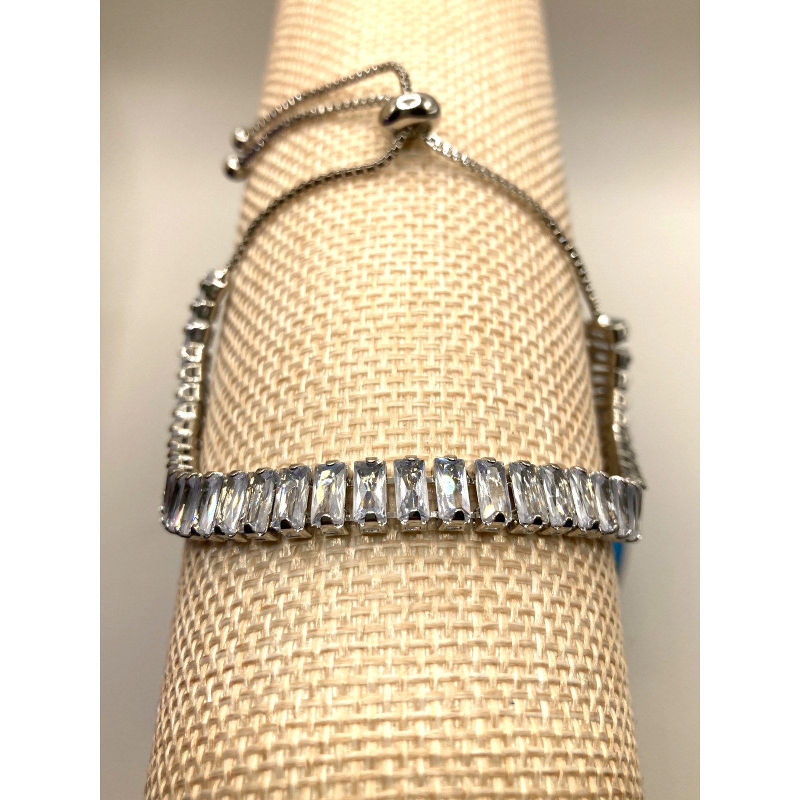 Baguette Silver Overlay Slider Tennis Bracelet Made with Swarovski Elements Sz 9