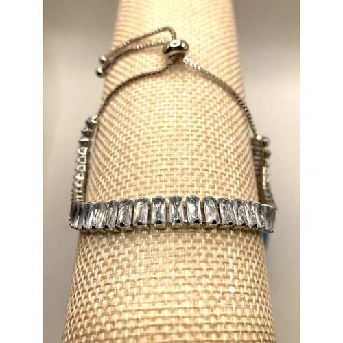 Baguette Silver Overlay Slider Tennis Bracelet Made with Swarovski Elements Sz 9