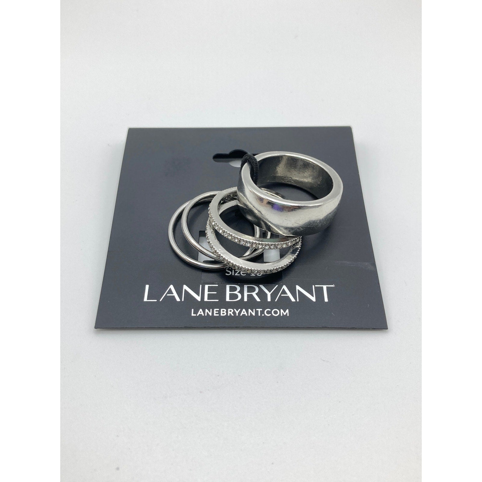 Lane Bryant Classic Polished Silver Tone and Rhinestone 5 Ring Set (Size 8)