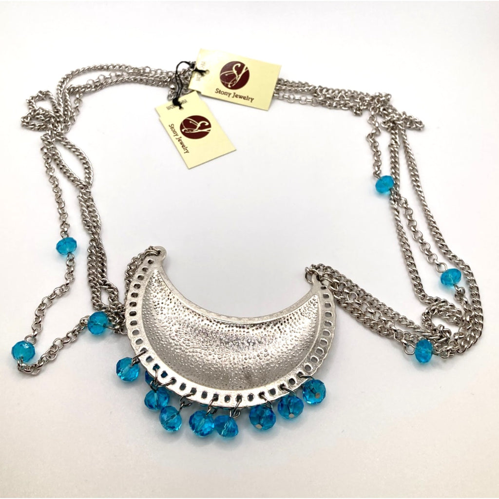 STONY Silver Tone Textured Medallion w/ Blue Acrylic Beaded Tassel Necklace 26"