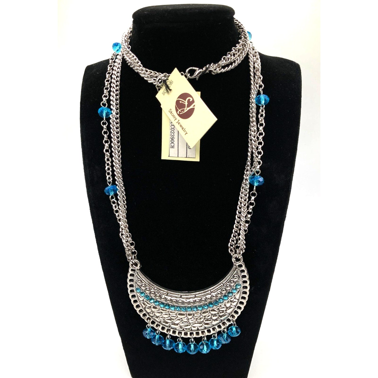 STONY Silver Tone Textured Medallion w/ Blue Acrylic Beaded Tassel Necklace 26"