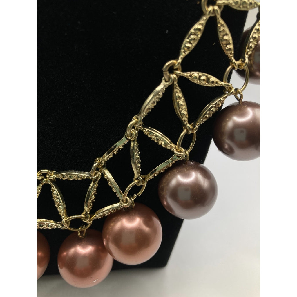 STONY Textured Gold Tone Faux Mauve Pearl Triangle Bib Statement Necklace NEW