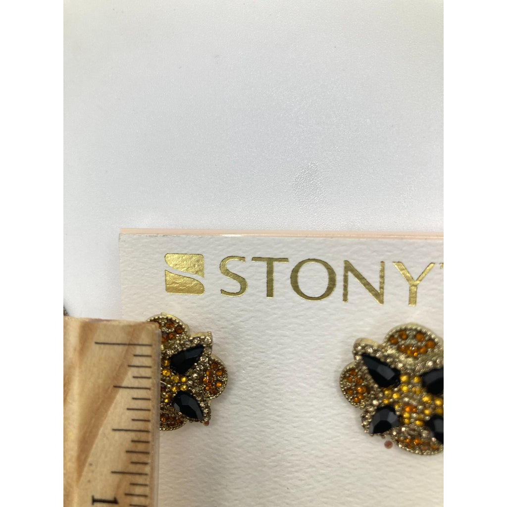 STONY Gold Tone Orange Yellow Rhinestone w/ Navy Acrylic Stone Clip-On Earrings