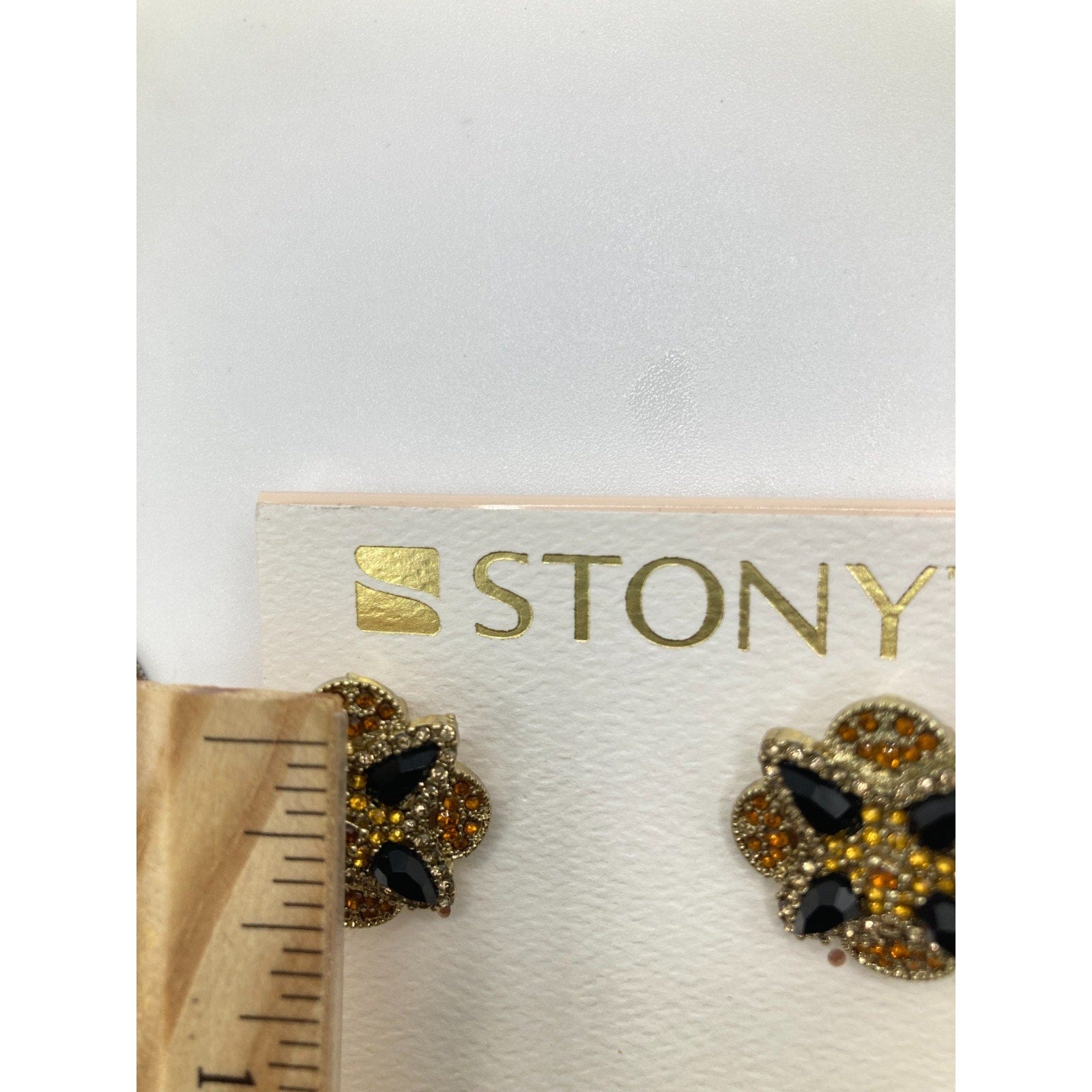STONY Gold Tone Orange Yellow Rhinestone w/ Navy Acrylic Stone Clip-On Earrings