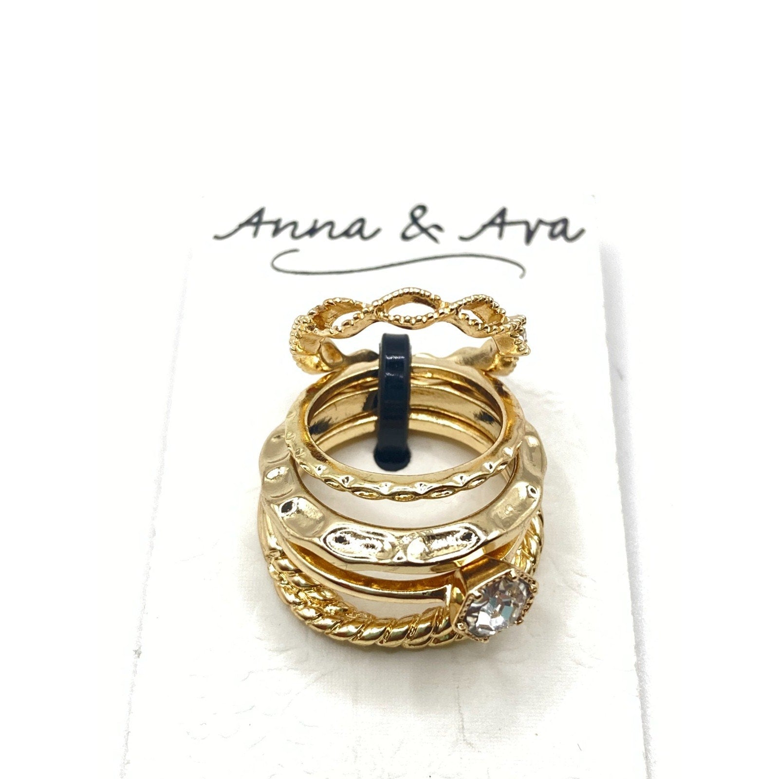 ANNA & AVA Women's 5-Stack Ring Set Gold Tone Hammered, Braided, Faux Stone NEW