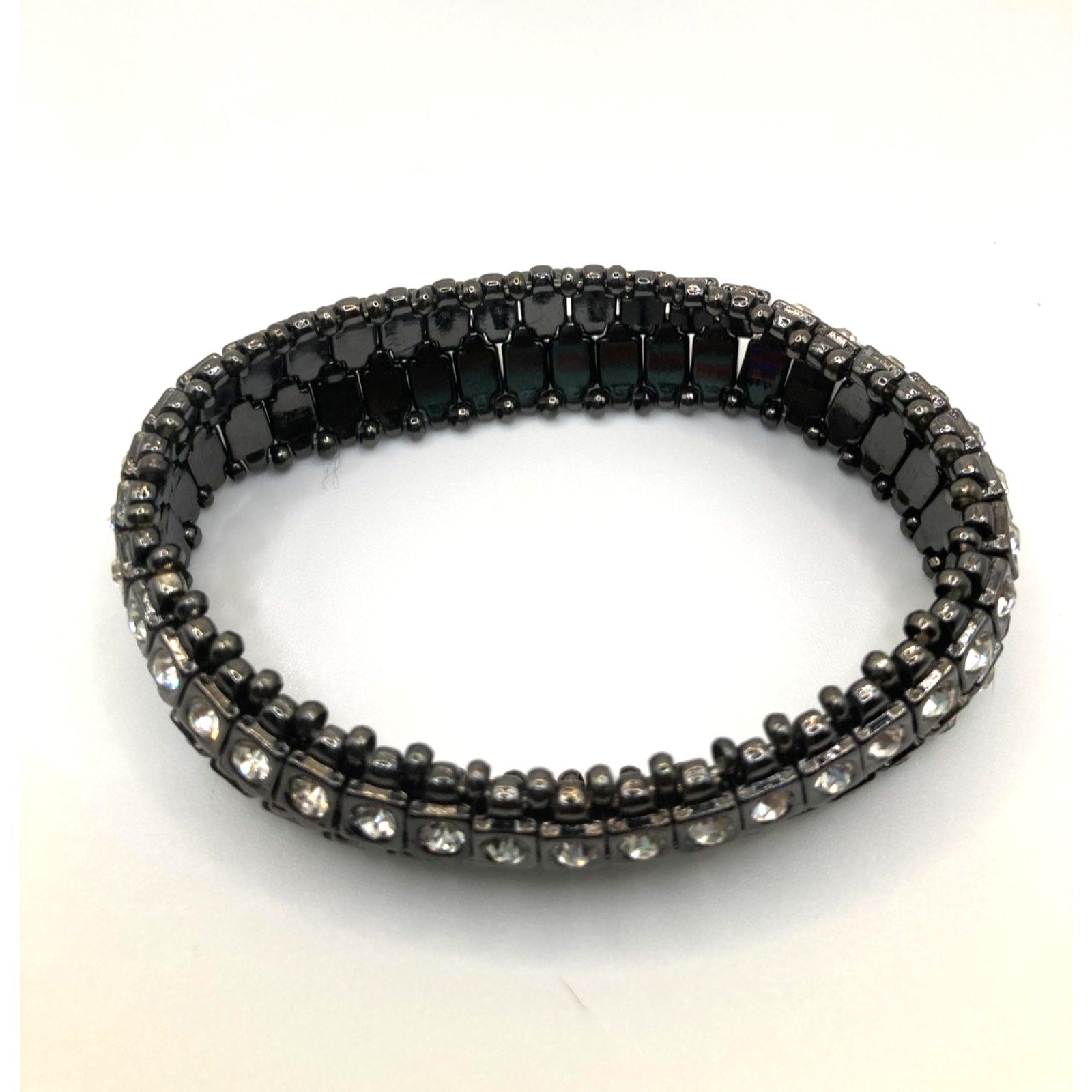 CHICOS Gunmetal Black Wide 2 Row Stretch Bracelet w/ Rhinestones