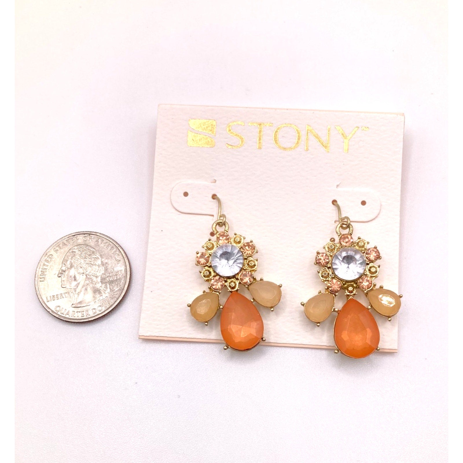 STONY Gold Tone Orange Tan & Cloudy Clear Acrylic Stone Drop Dangle Earrings 1"