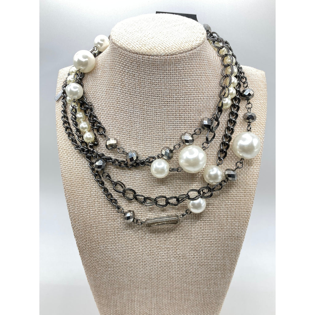 Lane Bryant Steel Grey Tone Statement Necklace Faux Pearls & Mixed Chain 60"