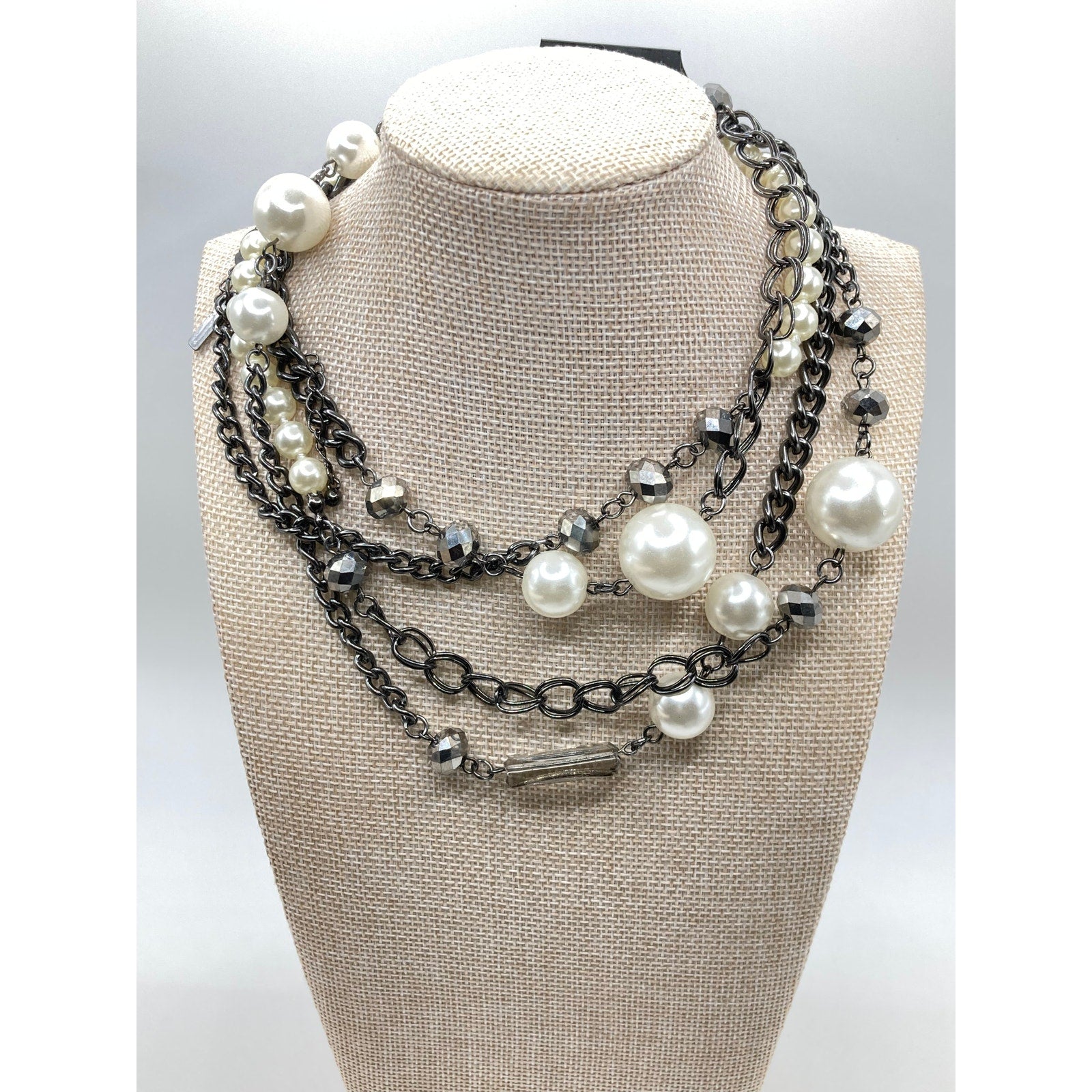 Lane Bryant Steel Grey Tone Statement Necklace Faux Pearls & Mixed Chain 60"