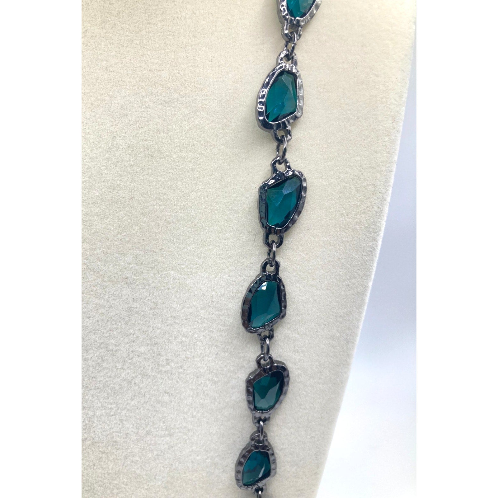 CHICO'S Greta Necklace Gunmetal Tone Tinted Aqua Blue 38" Long Layering Necklace