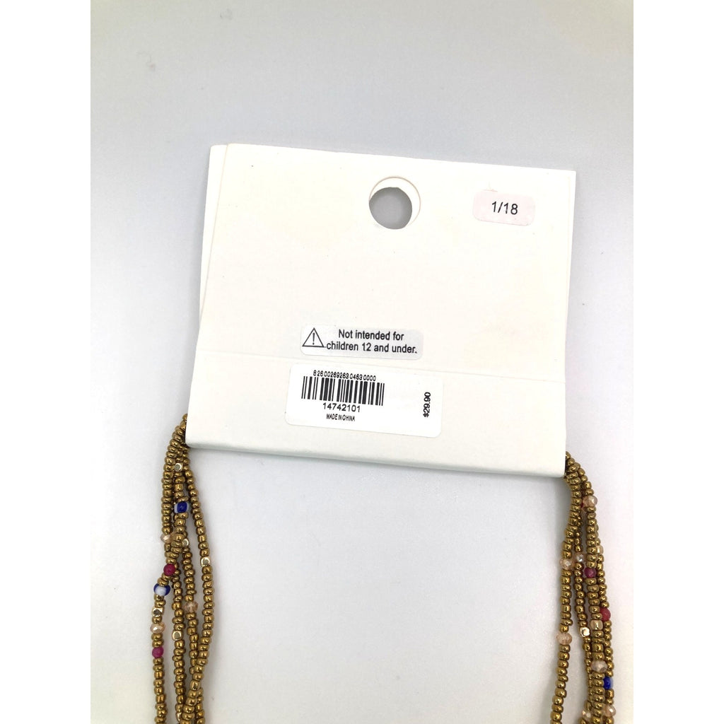 EXPRESS Layered Gold Seed Bead Teal Blue Mint Tassel Necklace Boho 14"+ NEW