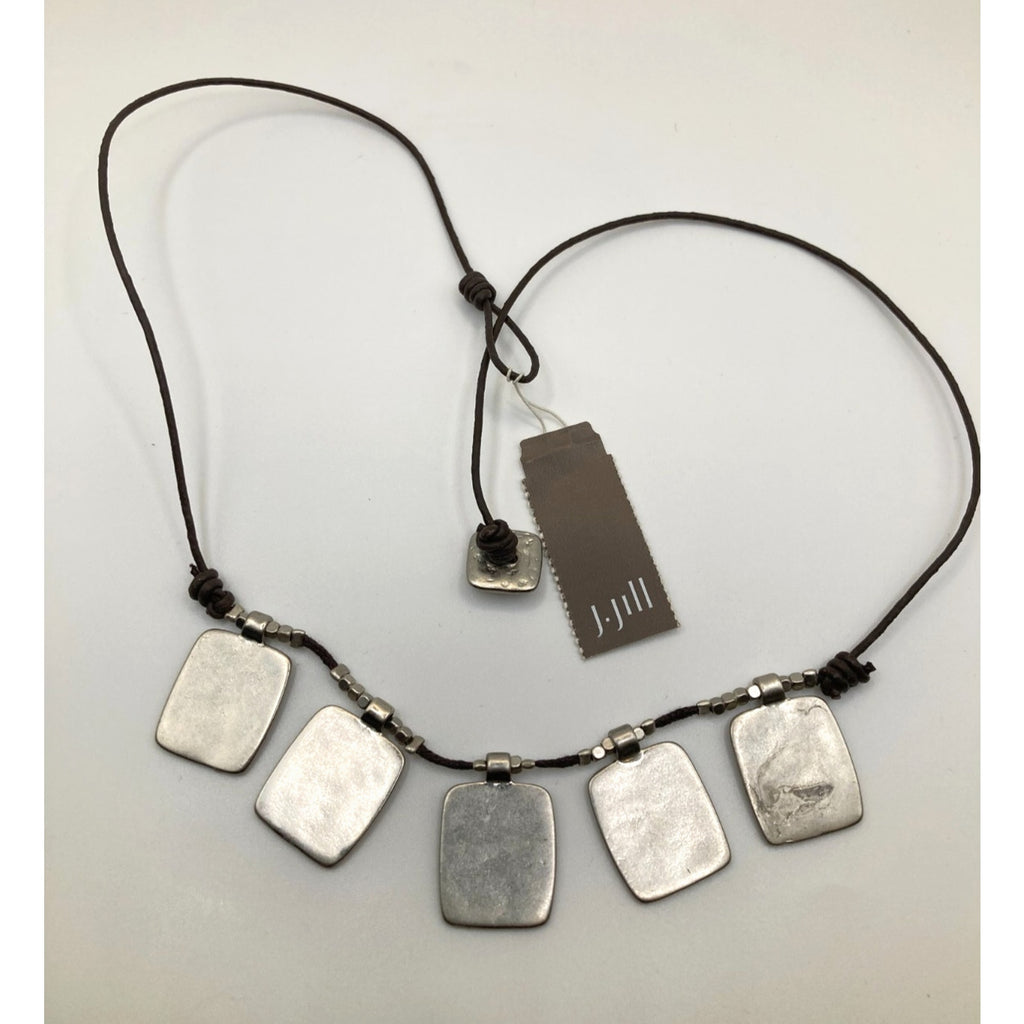 NWT J. Jill Worn Silver Tone Squares & Black Cord Boho Necklace Imperfect NOS*