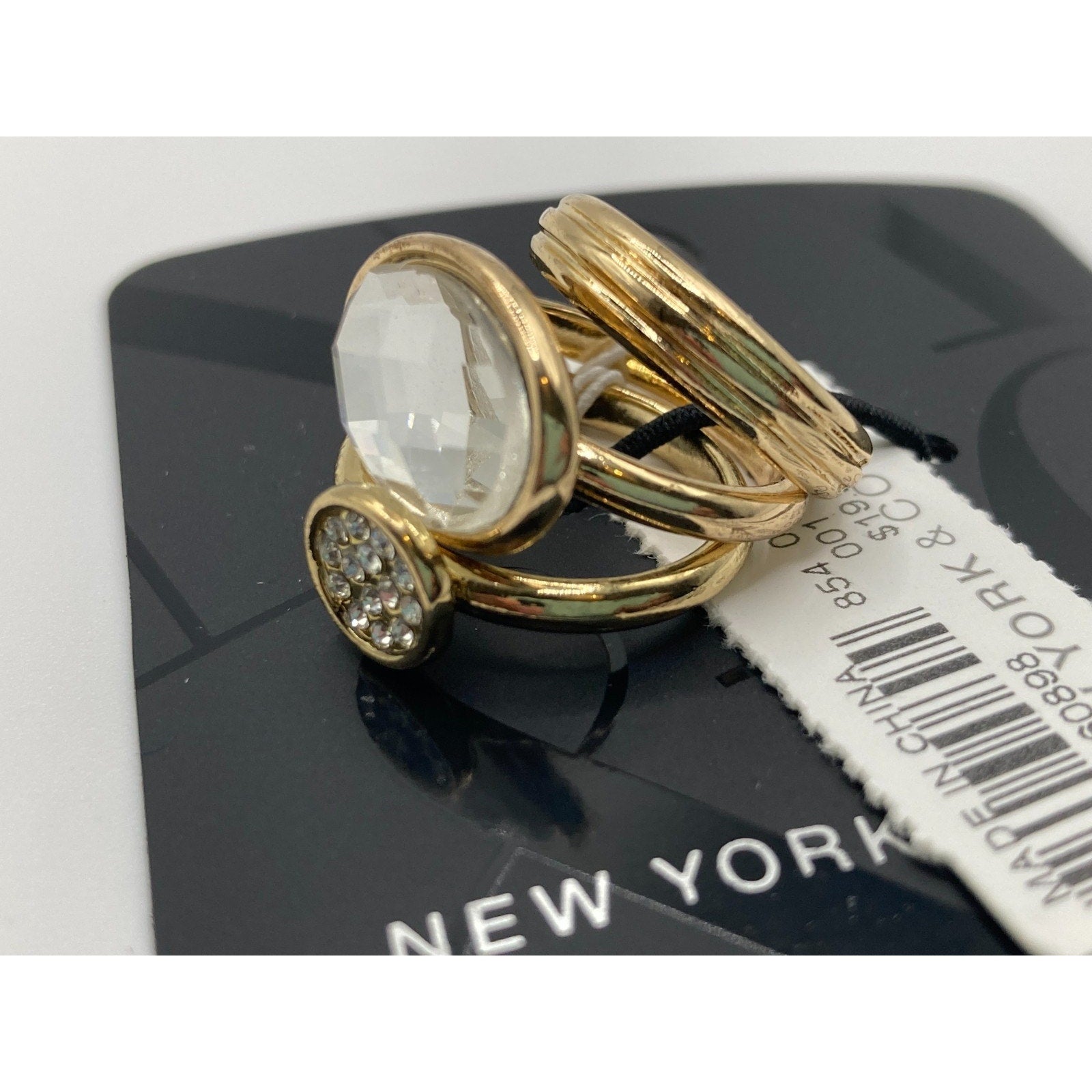New York & Company Size 6 Women's 3-Stack Ring Set Gold Tone Clear Crystal