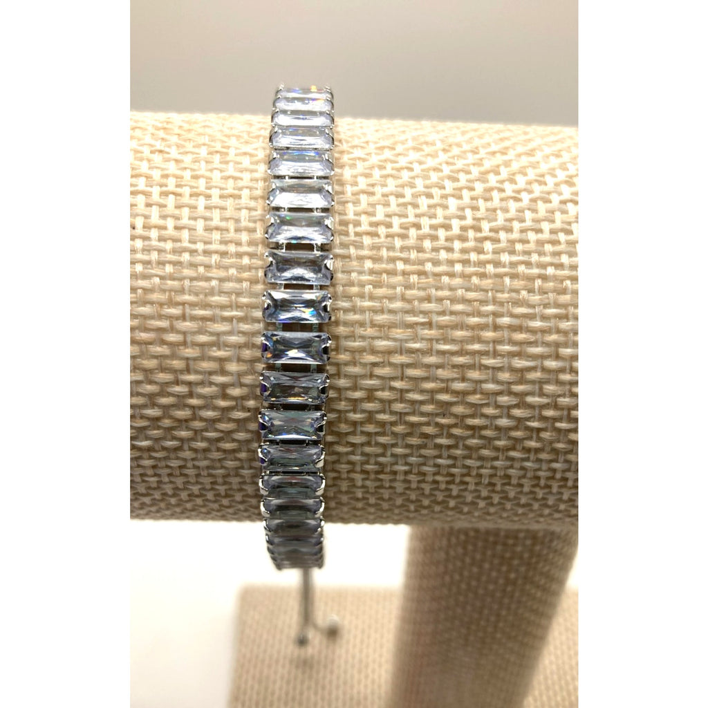 Baguette Silver Overlay Slider Tennis Bracelet Made with Swarovski Elements Sz 9