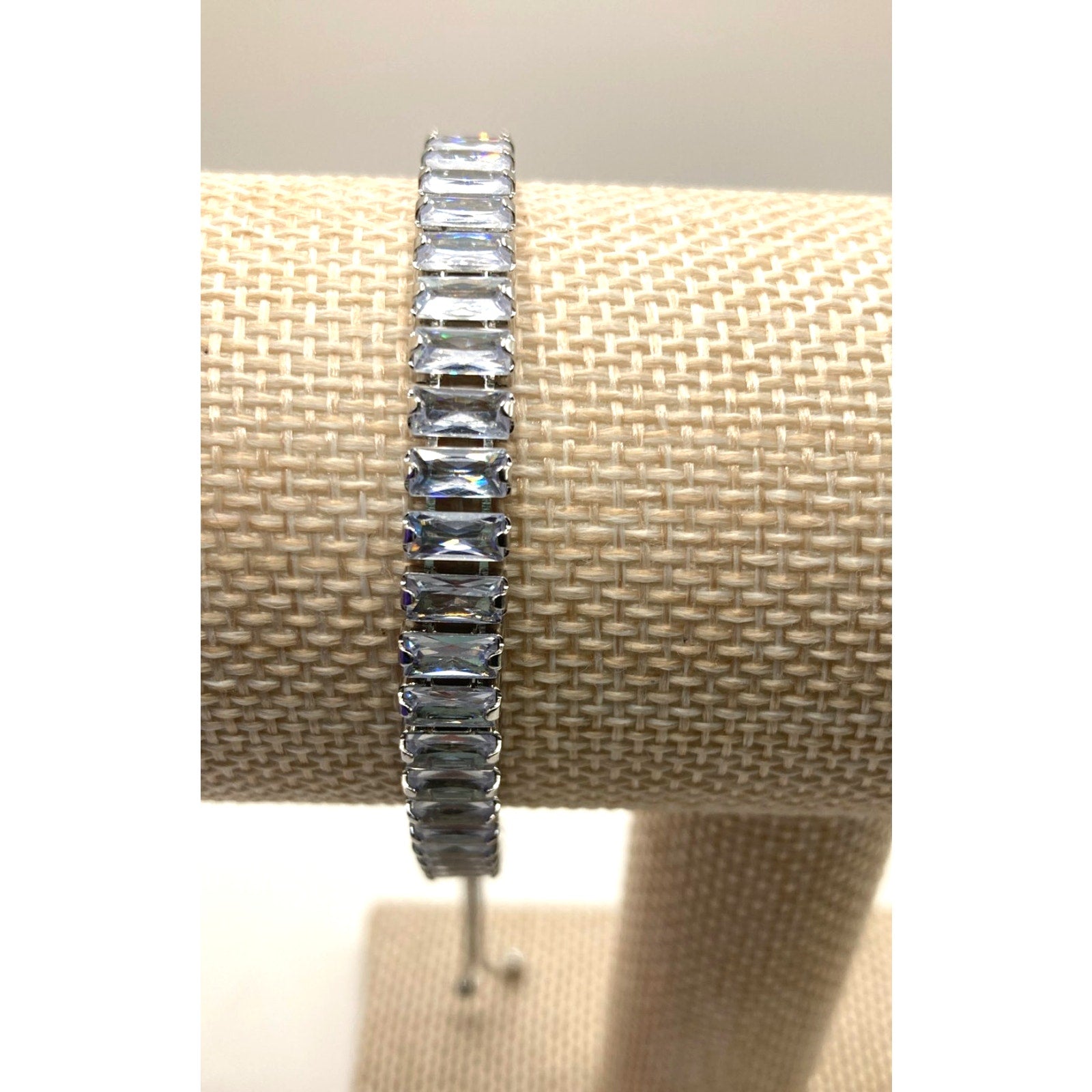 Baguette Silver Overlay Slider Tennis Bracelet Made with Swarovski Elements Sz 9