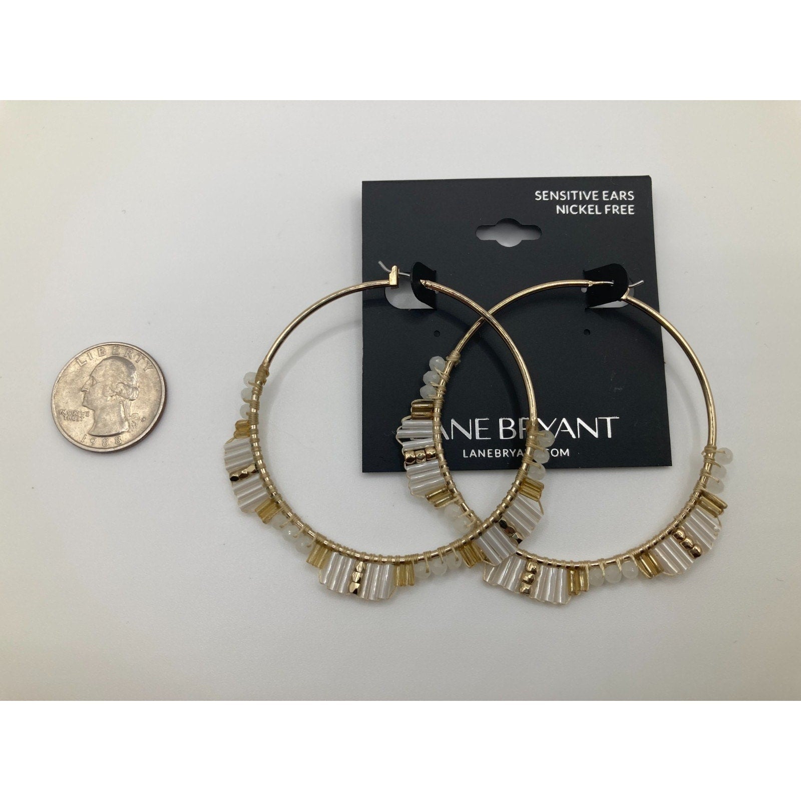 LANE BRYANT Gold Tone Hoop Earrings w/ White & Gold Plastic Beaded Accents NWT