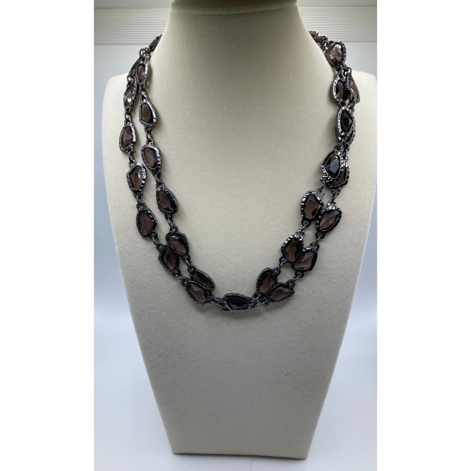 Chicos CZ Smoky Goth Purple Necklace Gunmetal Tone 38" Long Layering Necklace