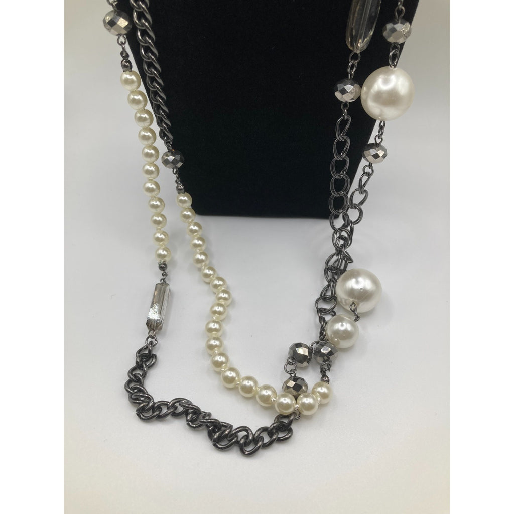 Lane Bryant Steel Grey Tone Statement Necklace Faux Pearls & Mixed Chain 60"