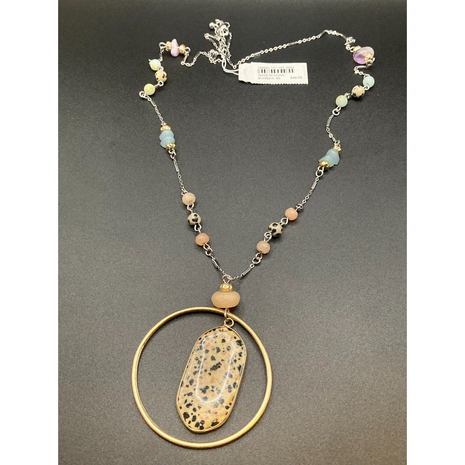 J JILL Dalmation Jasper Stone Pendant Two Tone 31" Long Necklace Beads NEW