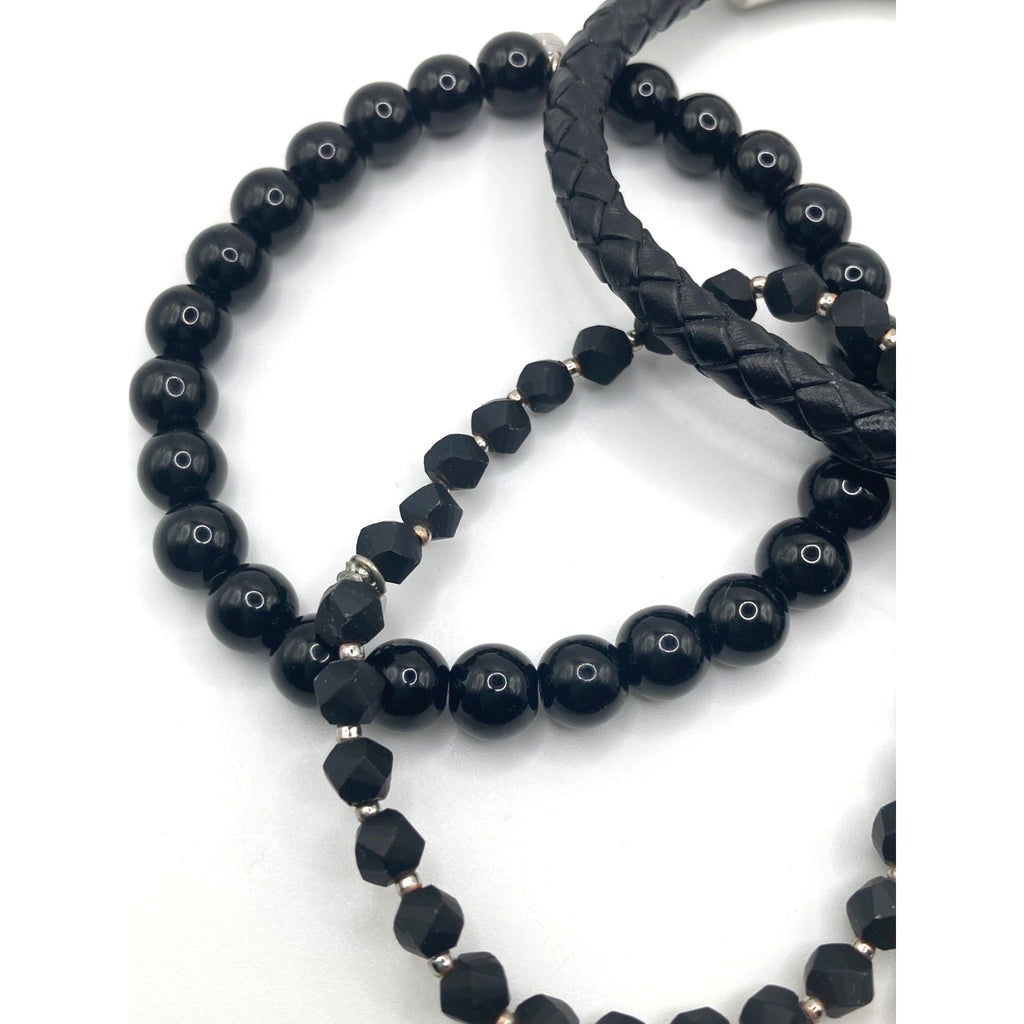 5pcs Modern Silver Tone Curb Chain, Black Beaded, Leatherette Bracelet Wrist Set