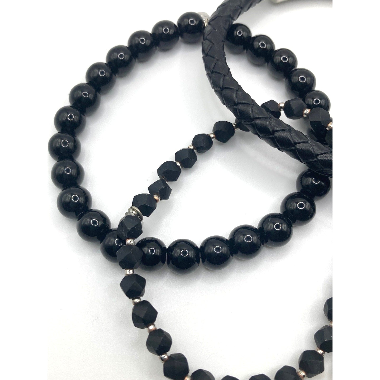 5pcs Modern Silver Tone Curb Chain, Black Beaded, Leatherette Bracelet Wrist Set