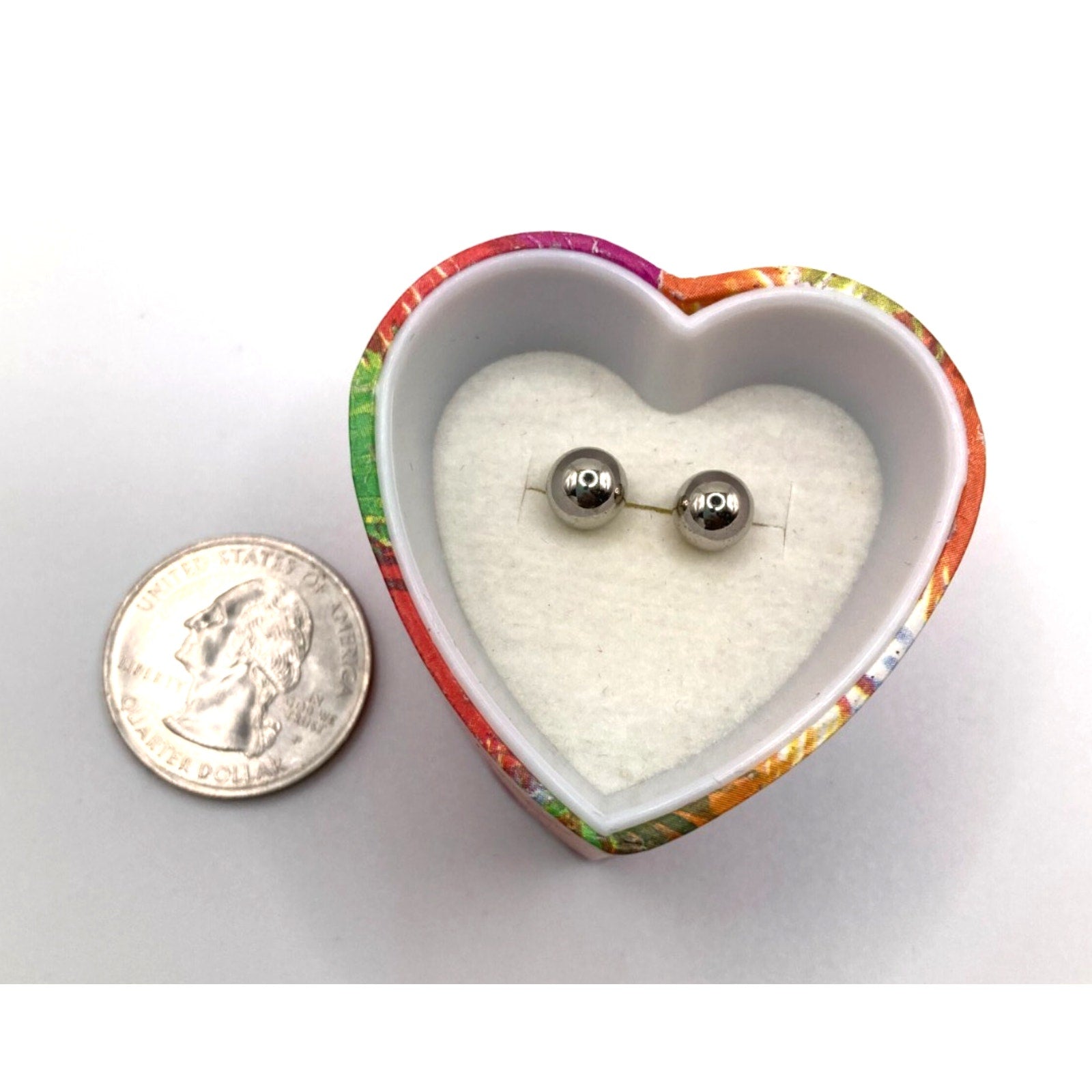 Polished Steel Grey Silver Tone Small Stud Earrings in Retro Heart Shaped Box