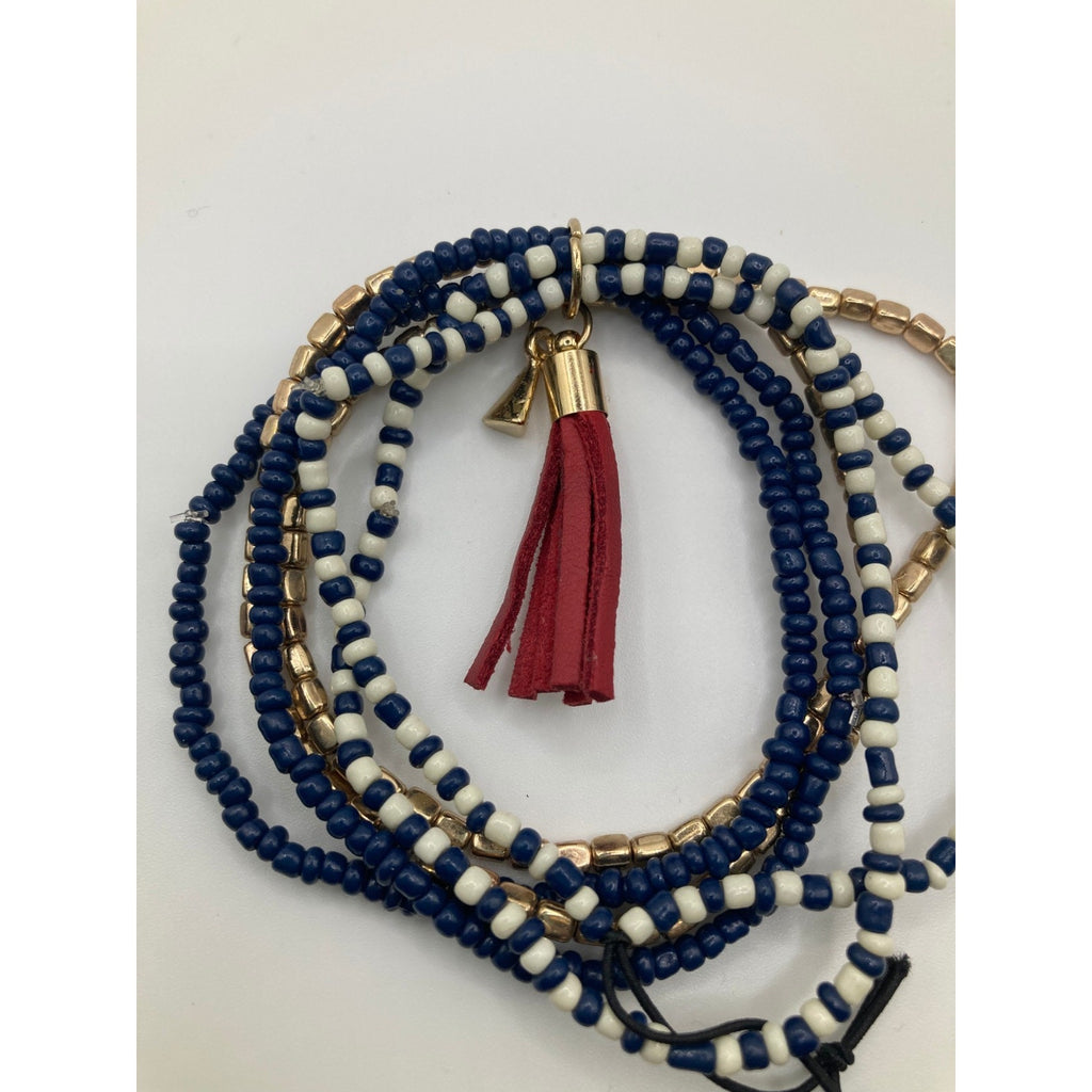 LANE BRYANT Multi Strand Beaded & Gold Tone Patriotic Stretch Bracelet w/ Tassel