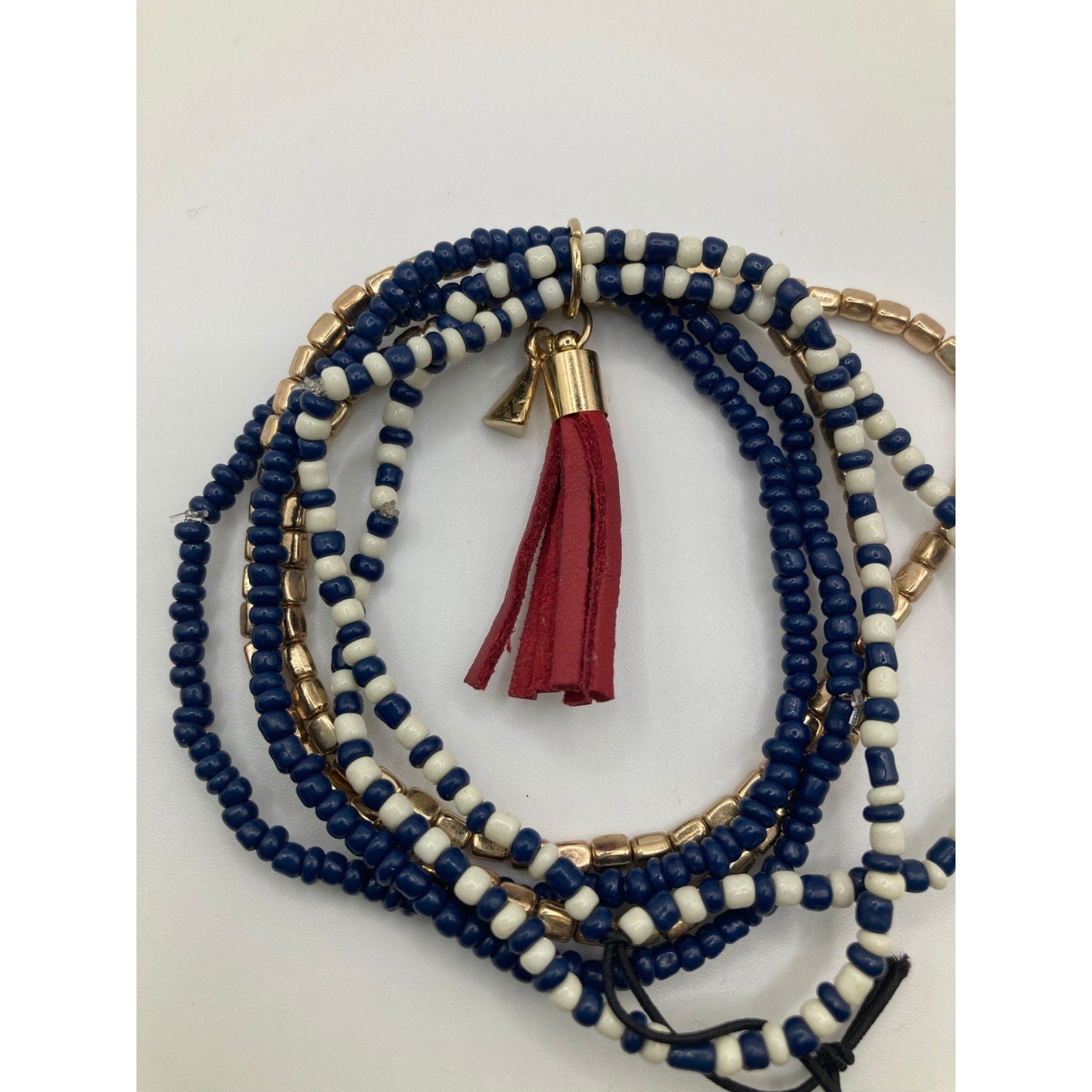 LANE BRYANT Multi Strand Beaded & Gold Tone Patriotic Stretch Bracelet w/ Tassel