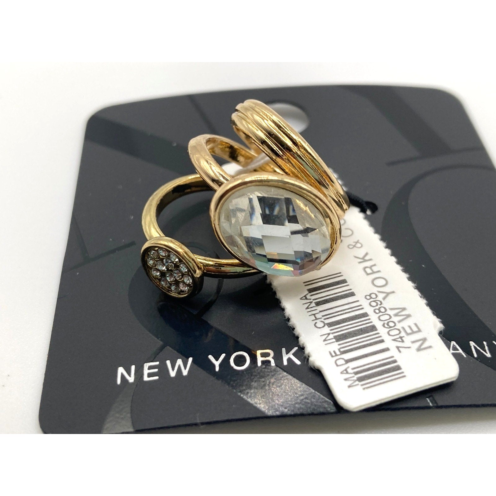 New York & Company Size 6 Women's 3-Stack Ring Set Gold Tone Clear Crystal